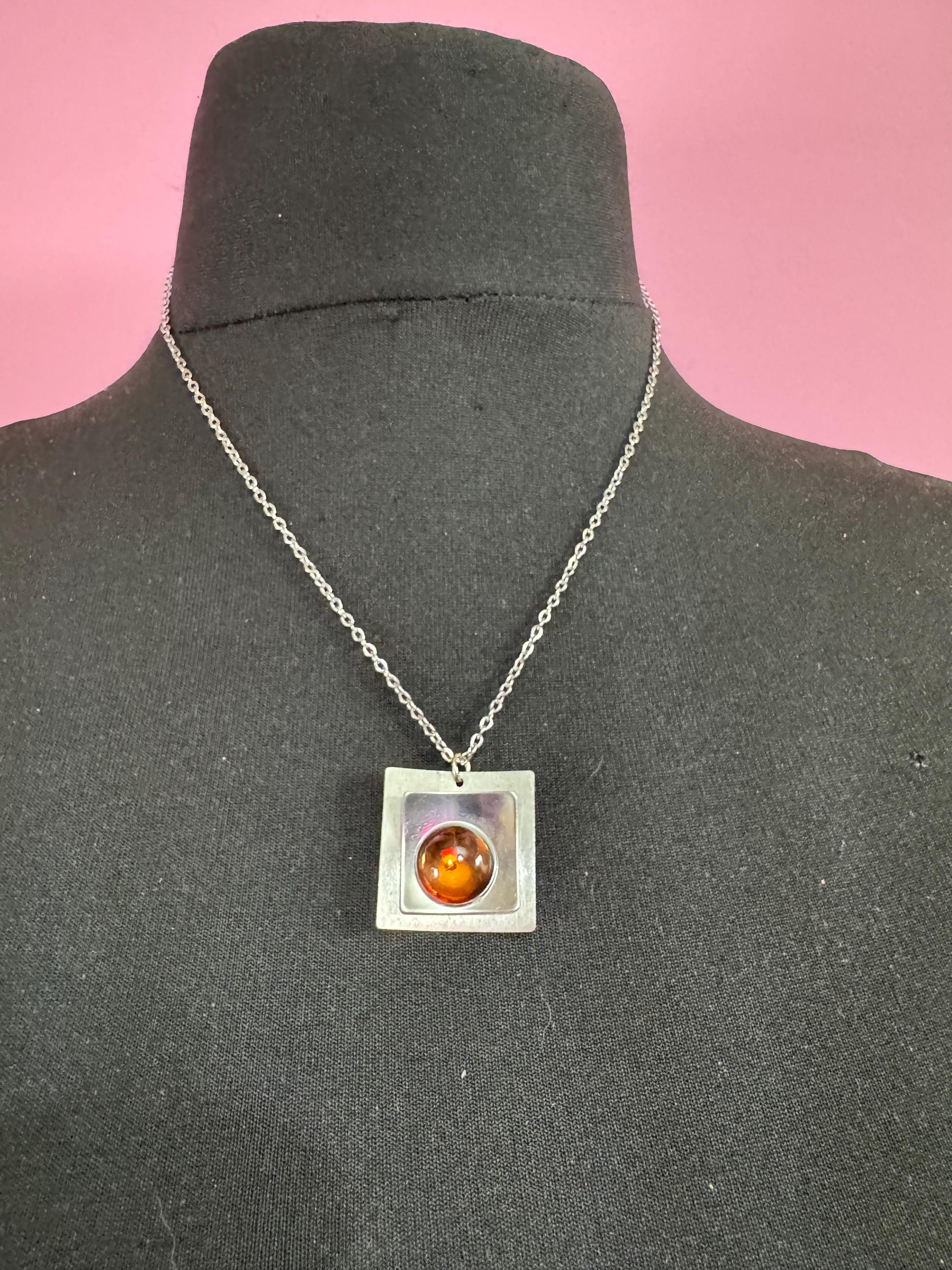 Signed stainless steel amber glass cabochon pendant necklace, Vintage 1970s