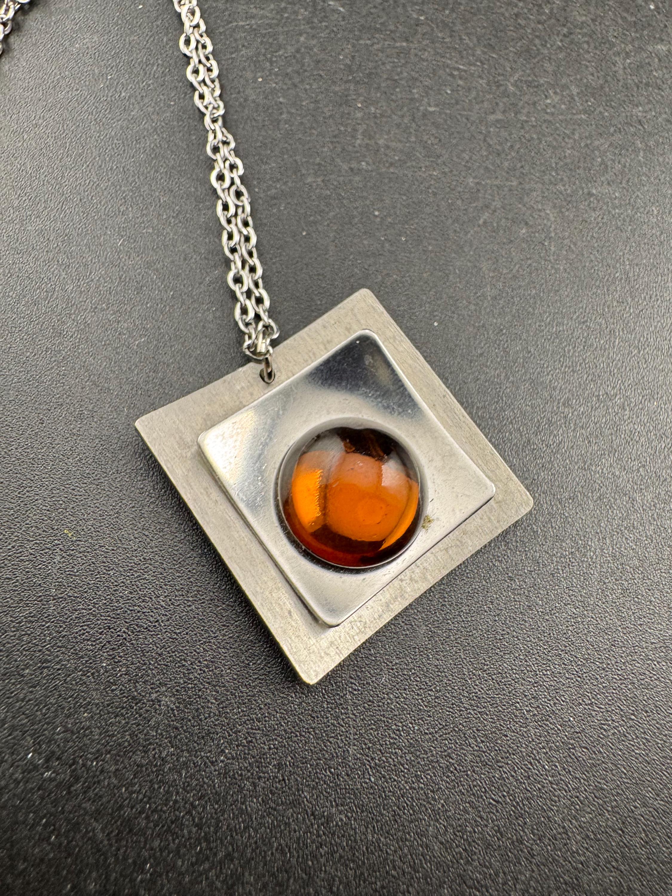 Signed stainless steel amber glass cabochon pendant necklace, Vintage 1970s