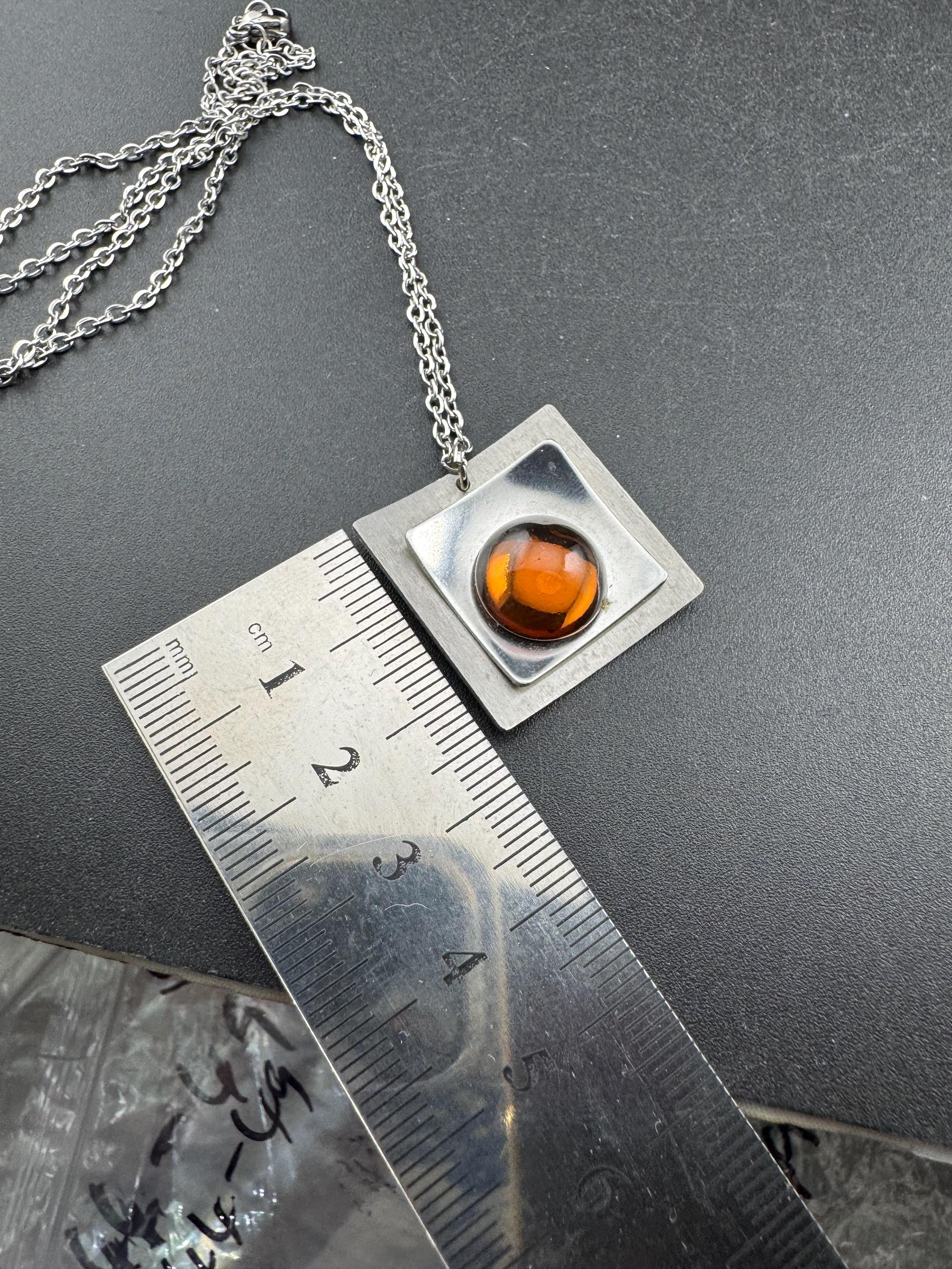 Signed stainless steel amber glass cabochon pendant necklace, Vintage 1970s