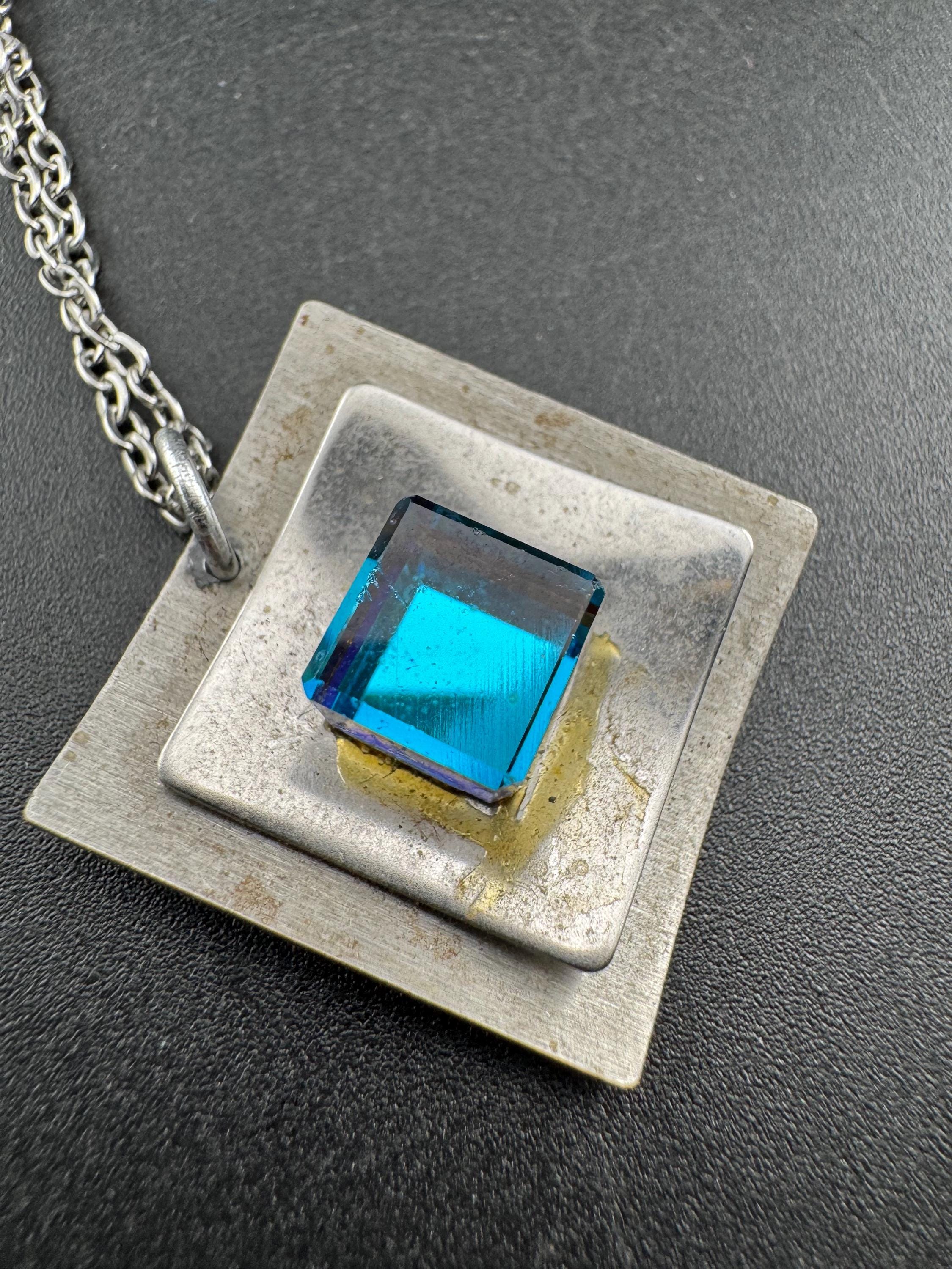 Signed stainless steel blue cube glass pendant necklace, Vintage 1970s
