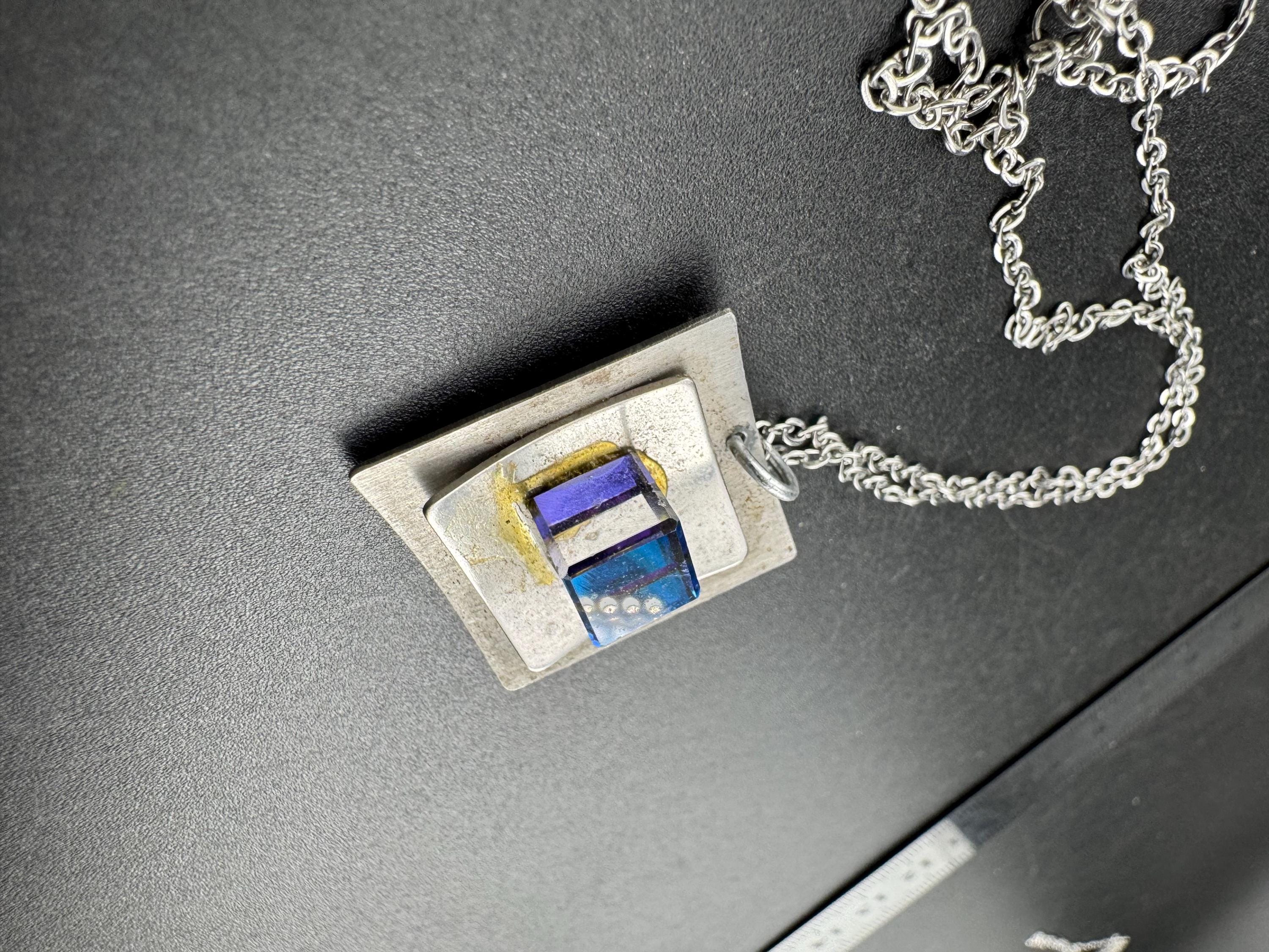 Signed stainless steel blue cube glass pendant necklace, Vintage 1970s