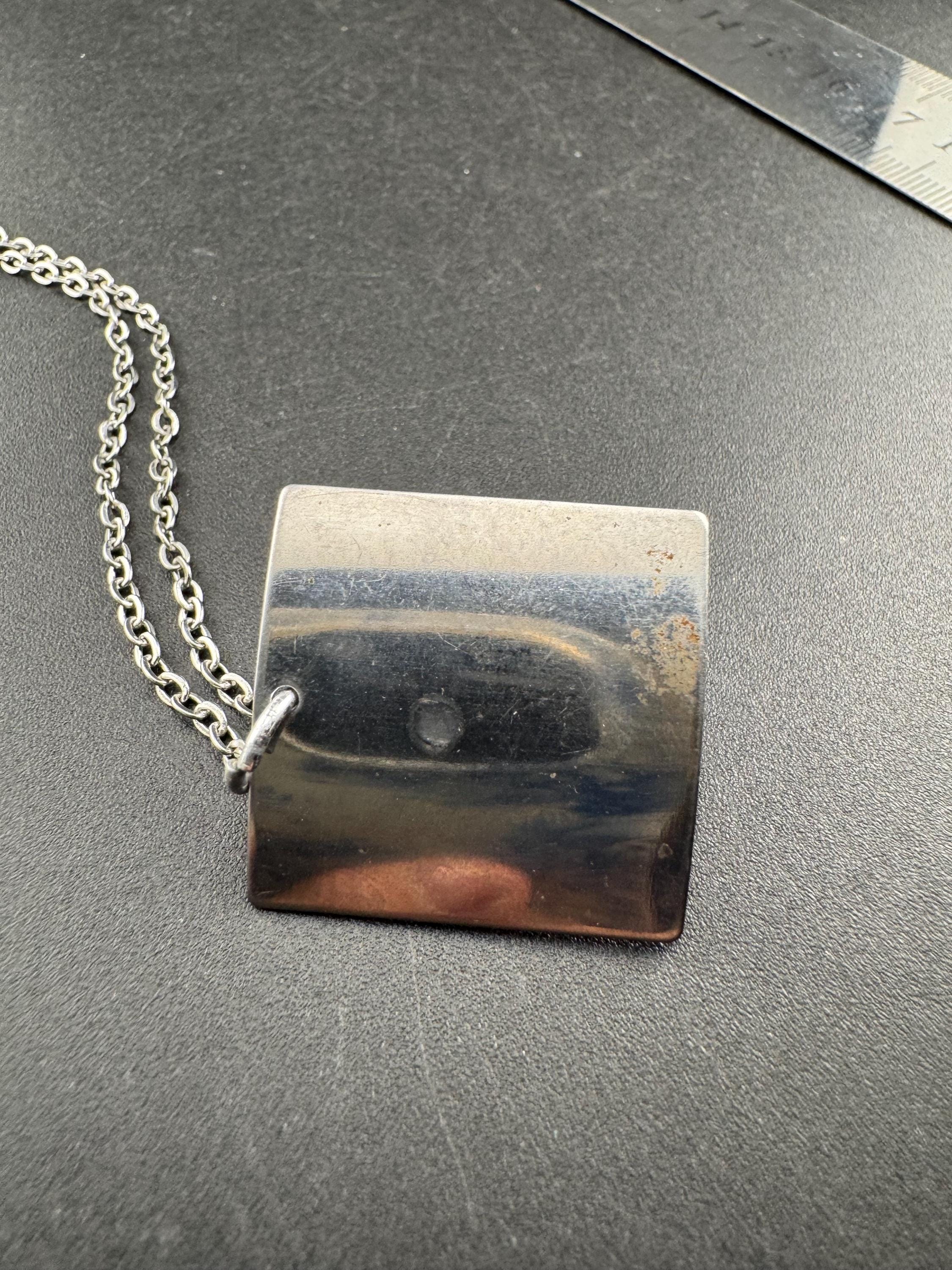 Signed stainless steel blue cube glass pendant necklace, Vintage 1970s