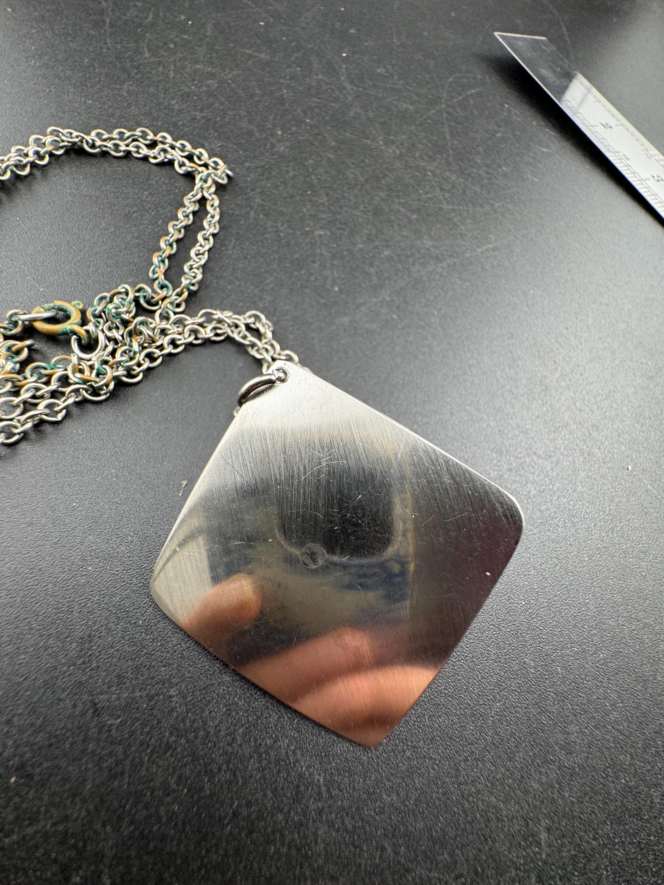 Signed stainless steel blue rainbow cube glass pendant necklace, Vintage 1970s