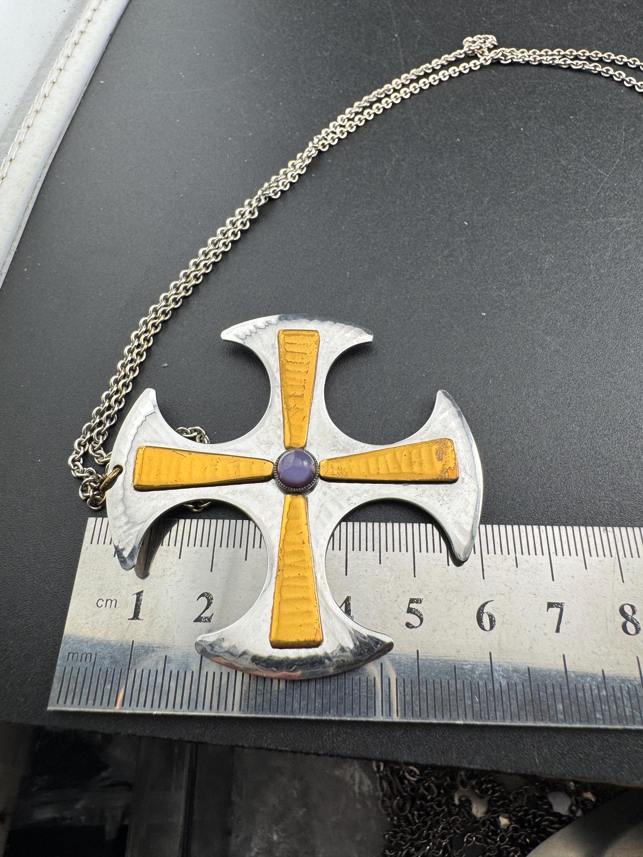 Signed MODA Maltese cross stainless steel purple gemstone pendant necklace 1970s