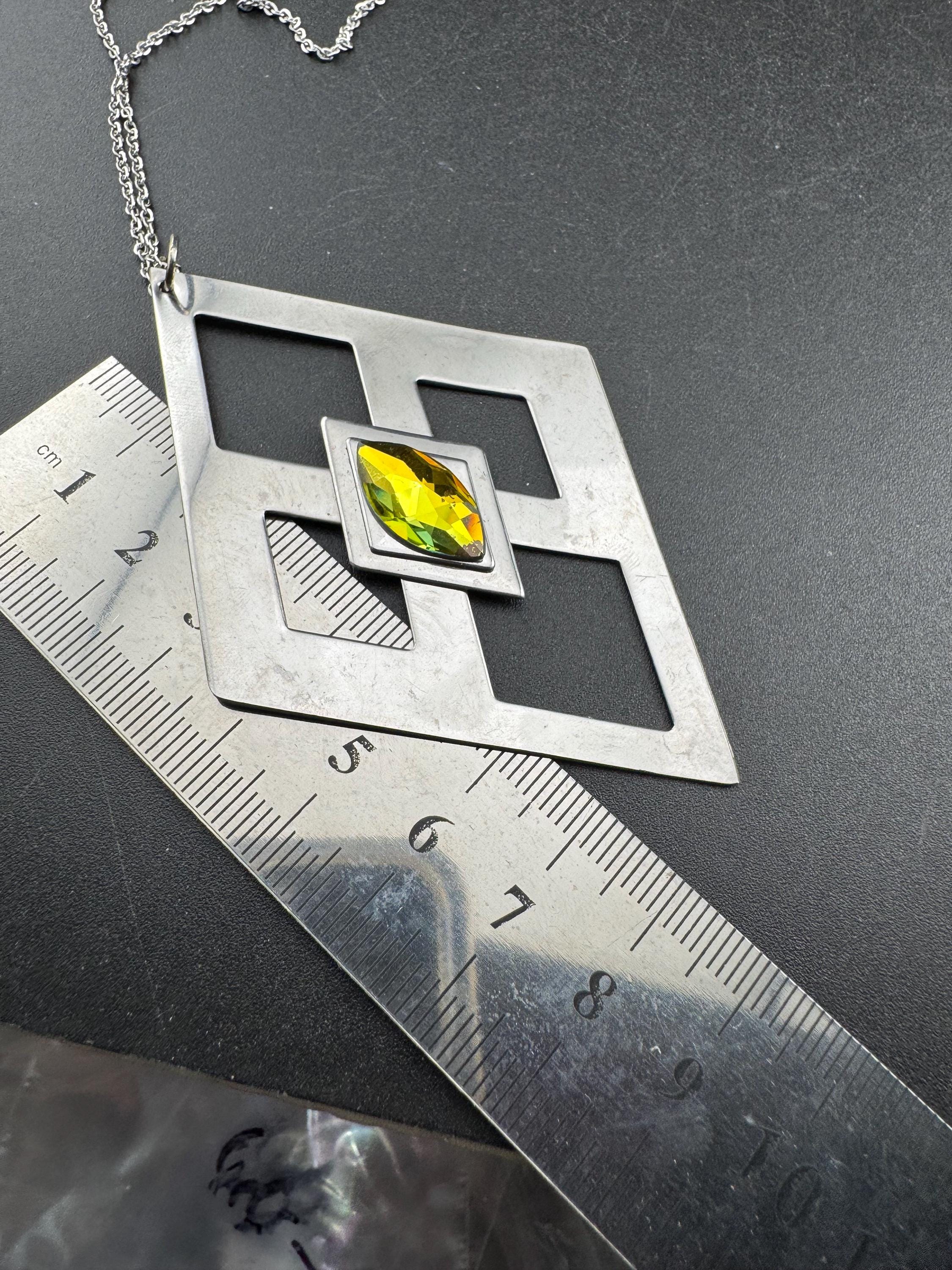 stainless steel pink glass cabochon pendant necklace, Vintage 1970s