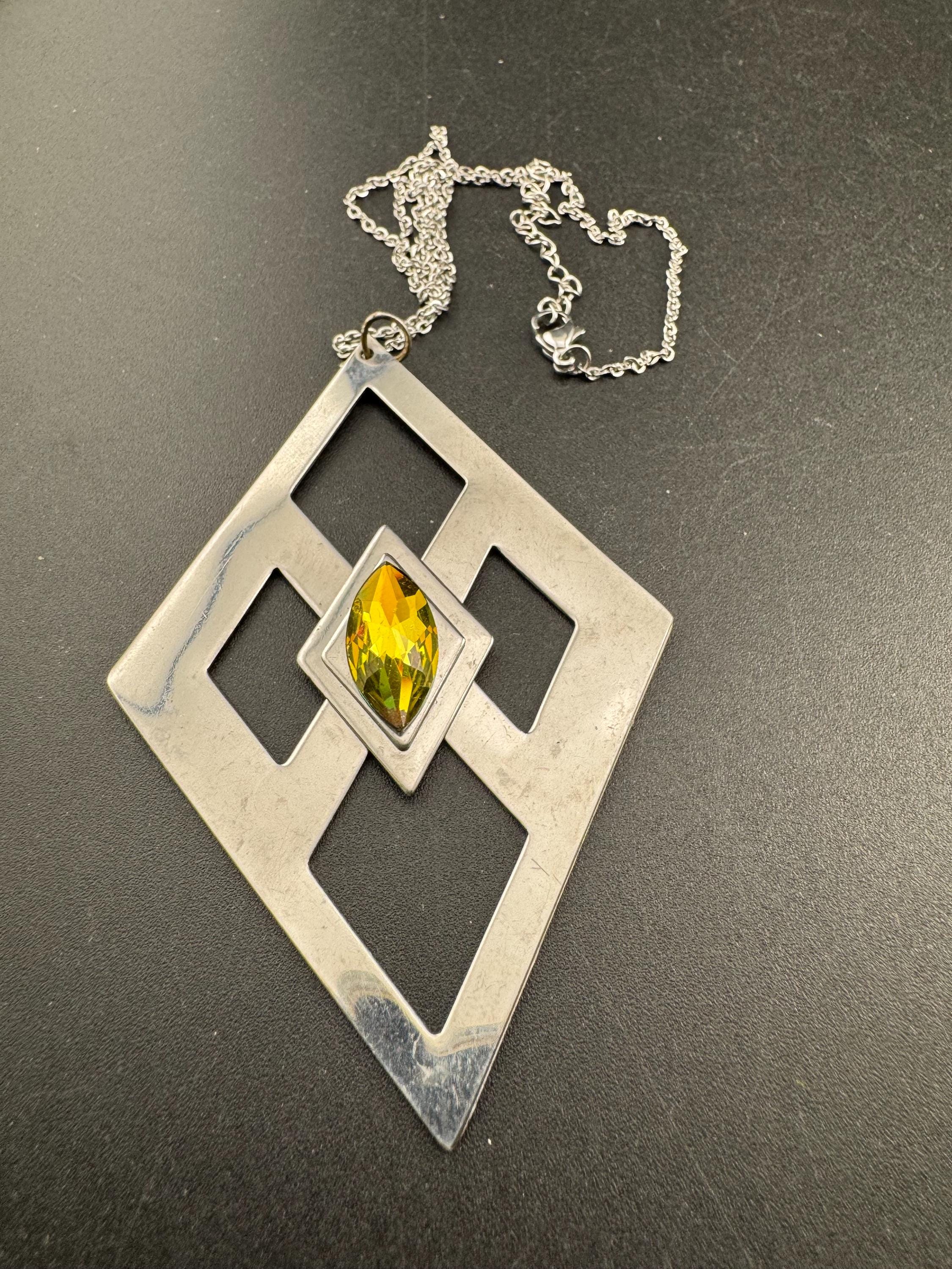 stainless steel pink glass cabochon pendant necklace, Vintage 1970s