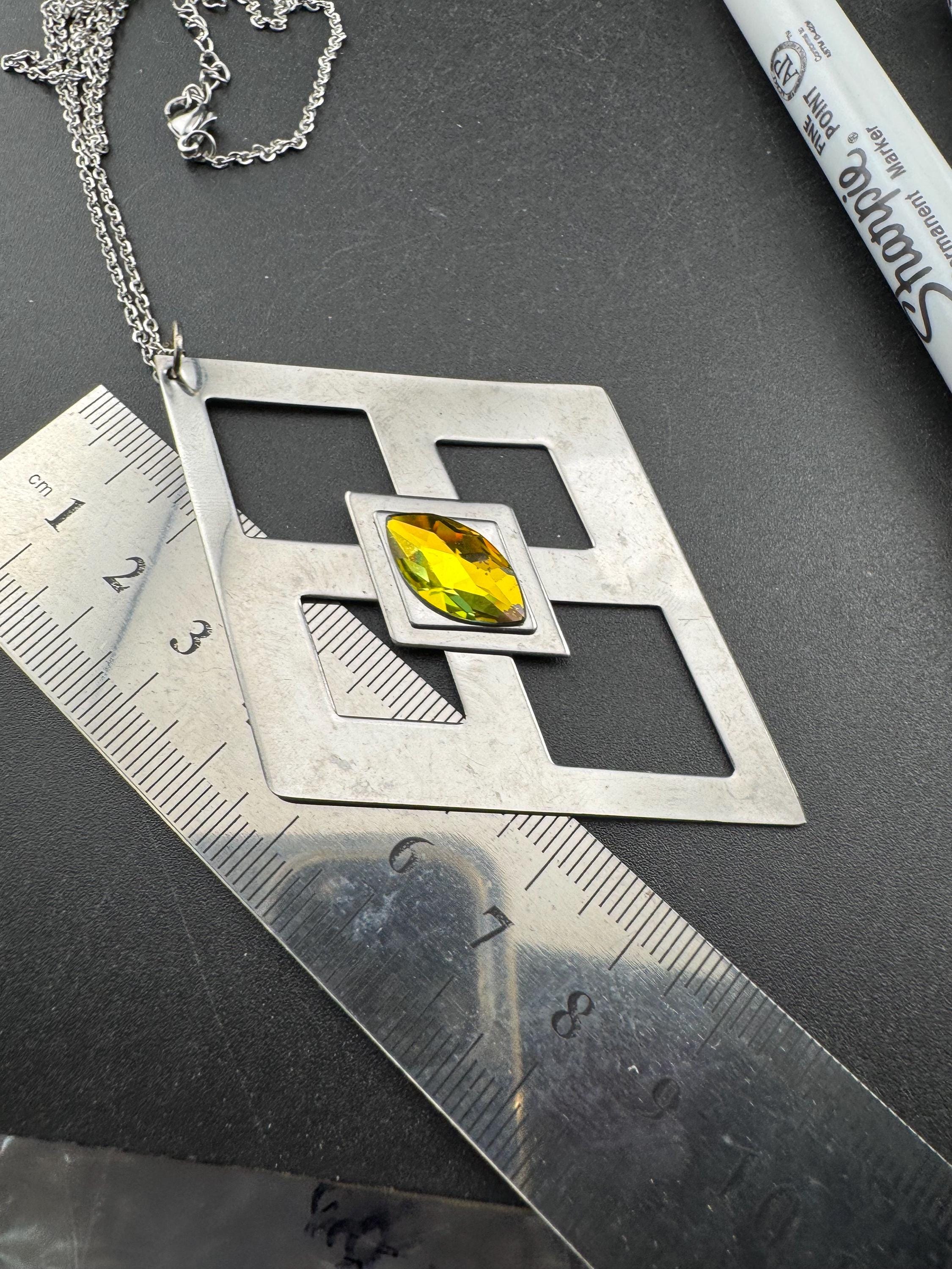 stainless steel pink glass cabochon pendant necklace, Vintage 1970s