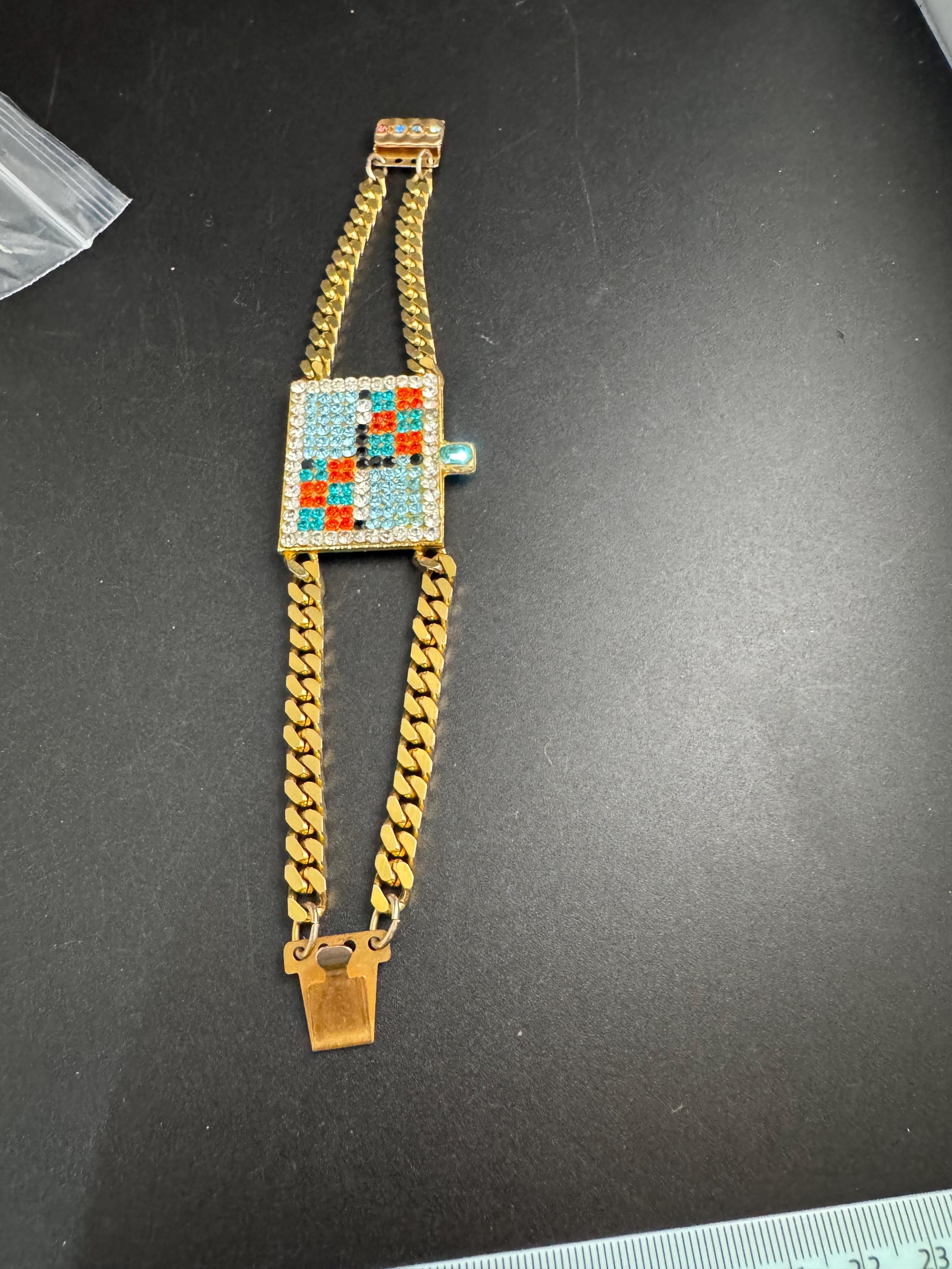 Signed idemaria novelty rhinestone watch bracelet, gold tone diamanté crystal