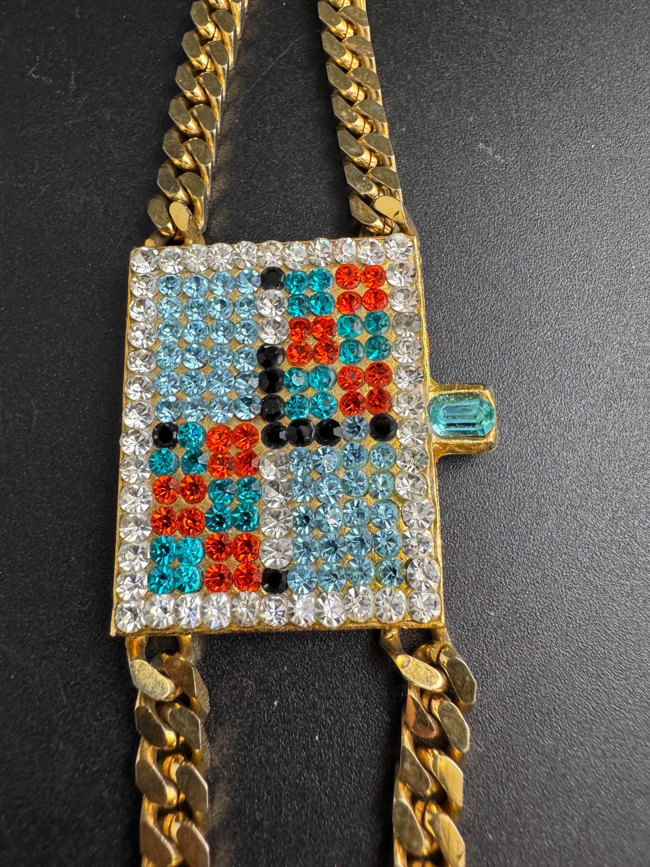 Signed idemaria novelty rhinestone watch bracelet, gold tone diamanté crystal