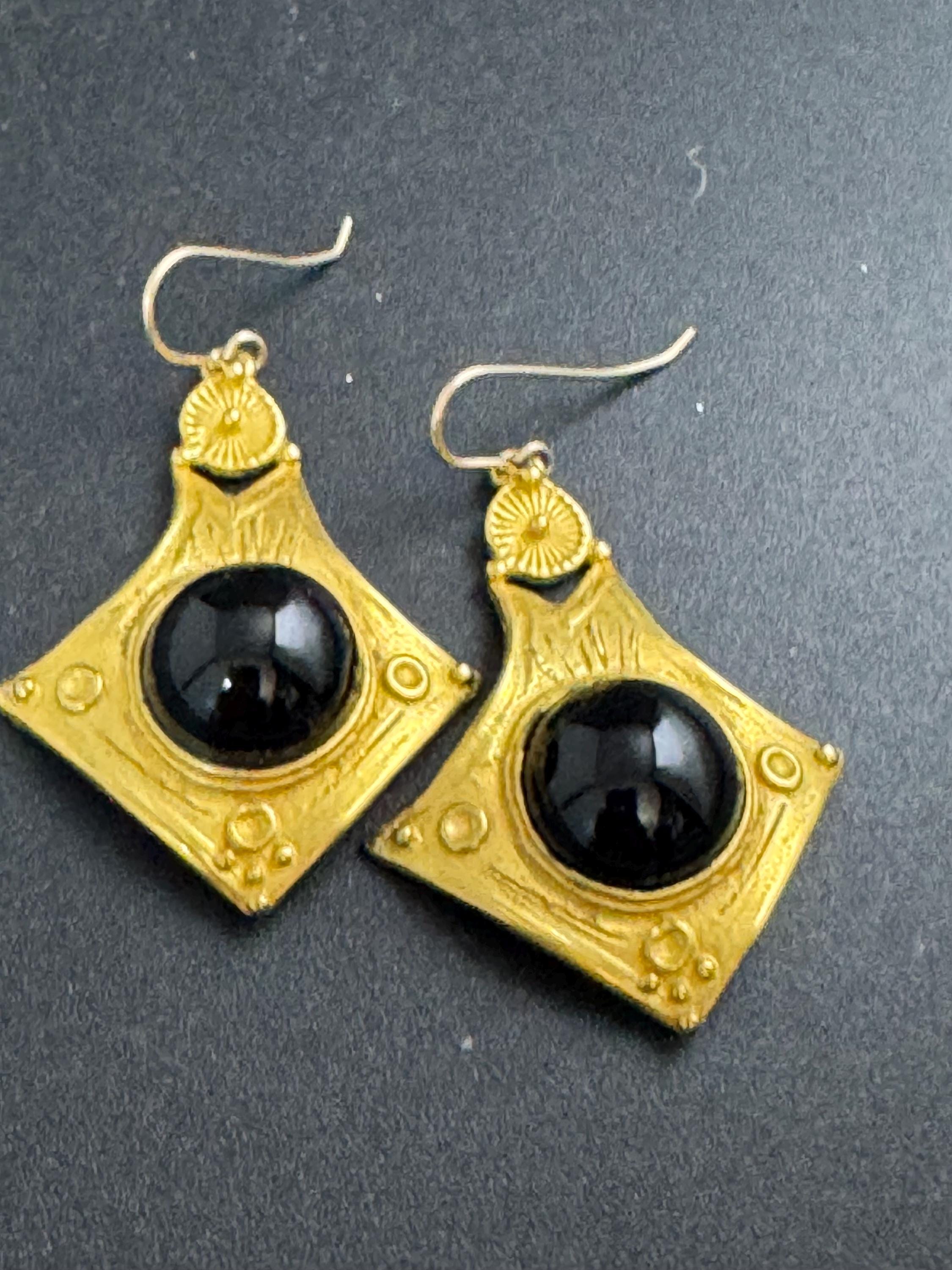 JADED NY Matt gold black cabochon drop earrings, Etruscan style pierced