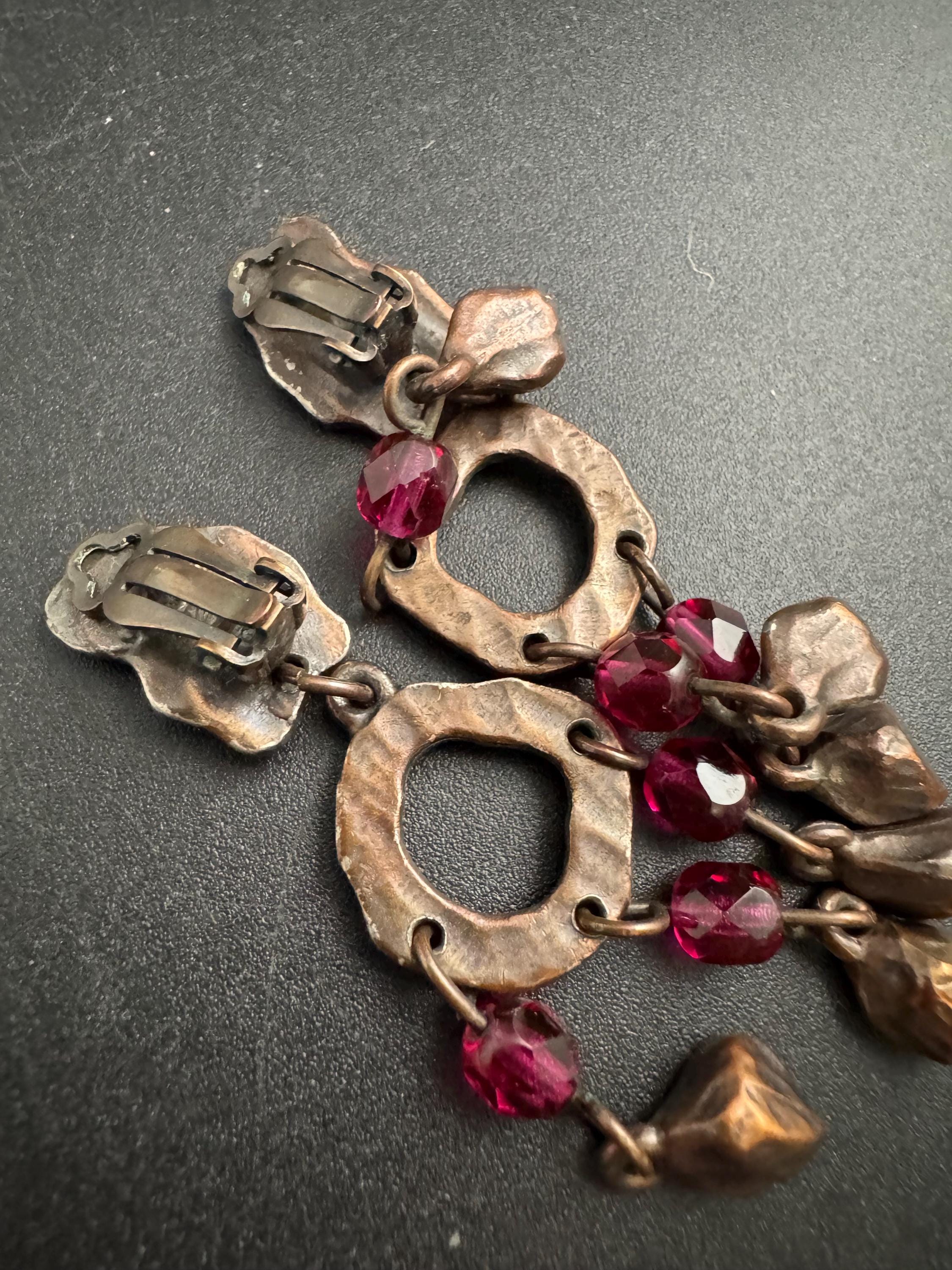 Signed Cecile Jeanne Paris pink Glass Beaded bronze Clip On Earrings