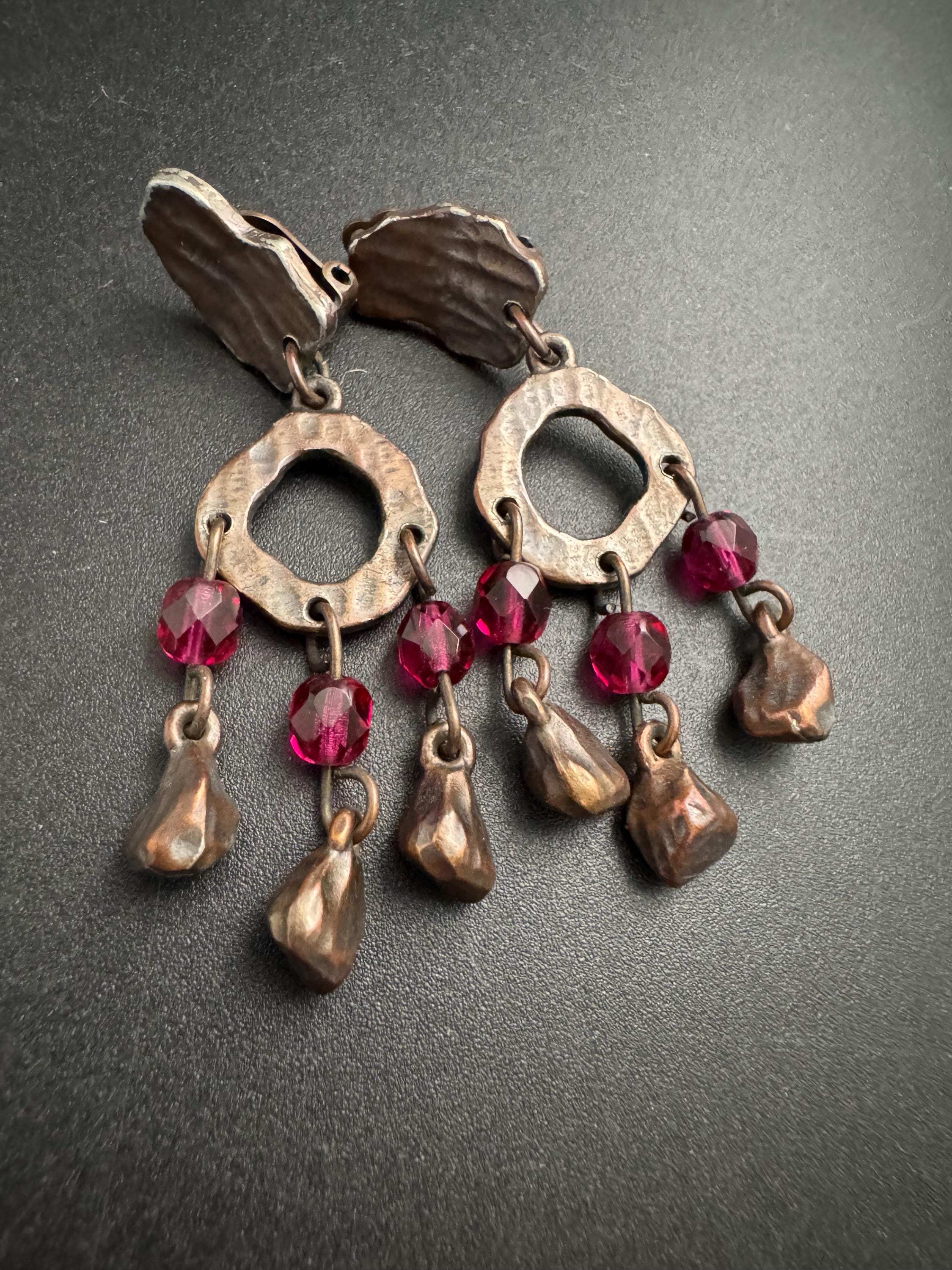 Signed Cecile Jeanne Paris pink Glass Beaded bronze Clip On Earrings