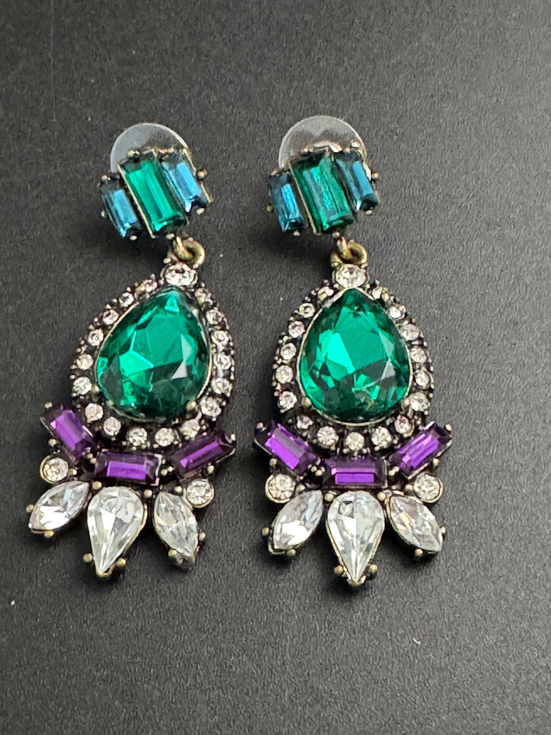 Emerald Green glass diamanté crystal drop earrings, signed baubleba pierced gold tone