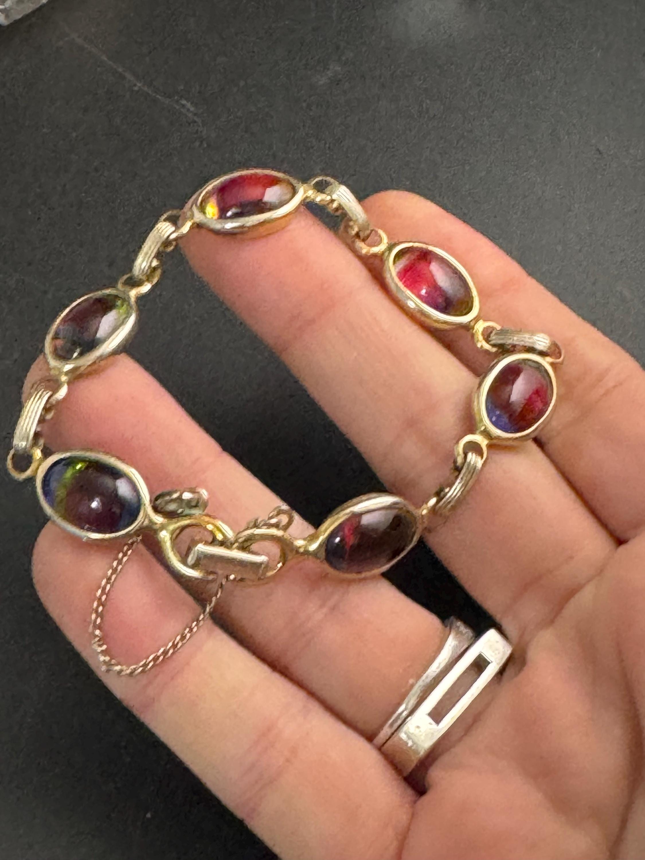 Sarah Coventry harmony rainbow glass cabochon chain link bracelet 19.5cm