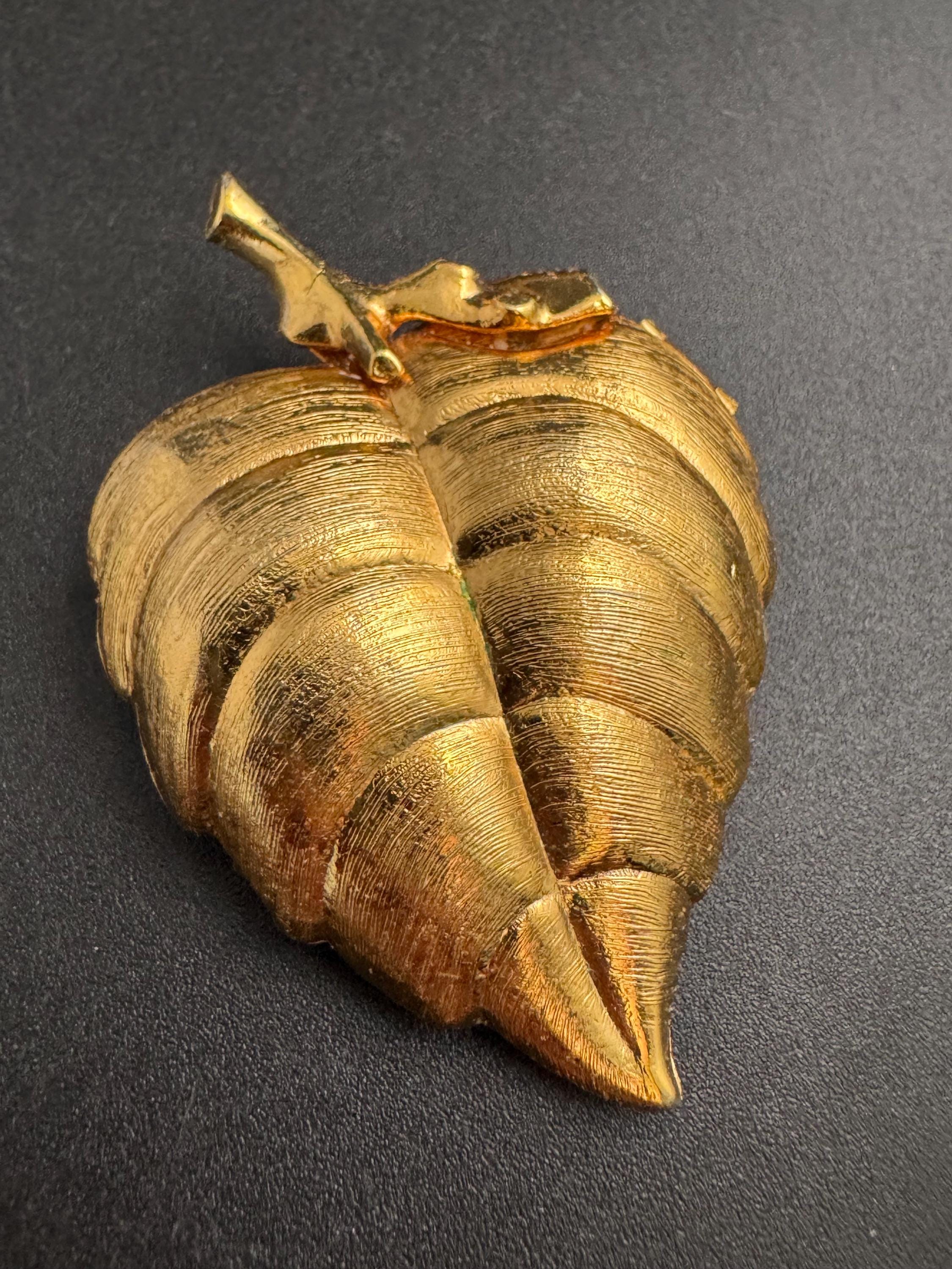 Vintage Avon Golden Leaf Brooch: Perfume Compact, Faux Pearl - Mid Century