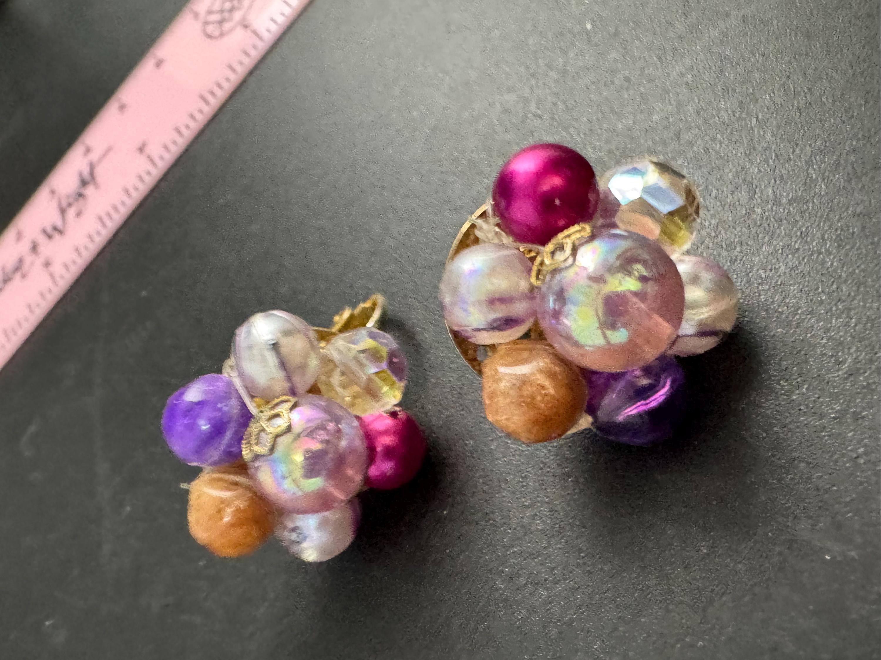 Signed Corocraft pink and purple pearl cluster clip on earrings