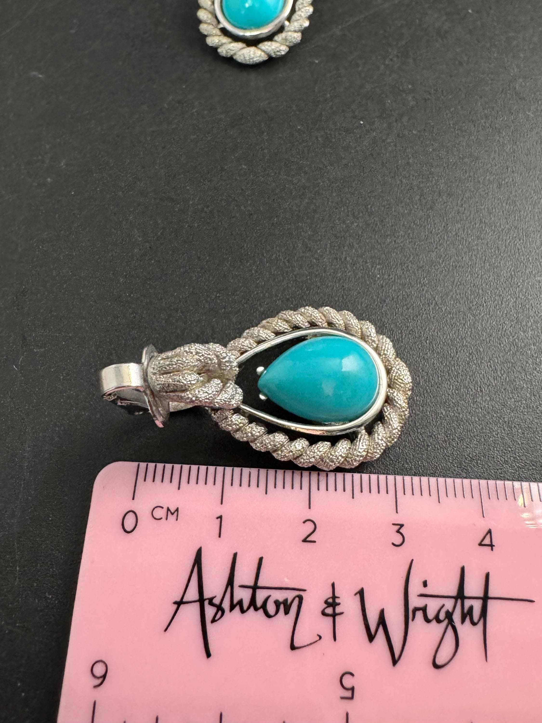 Signed Avon pair turquoise blue teardrop Clip On Earrings, dangly silvertone