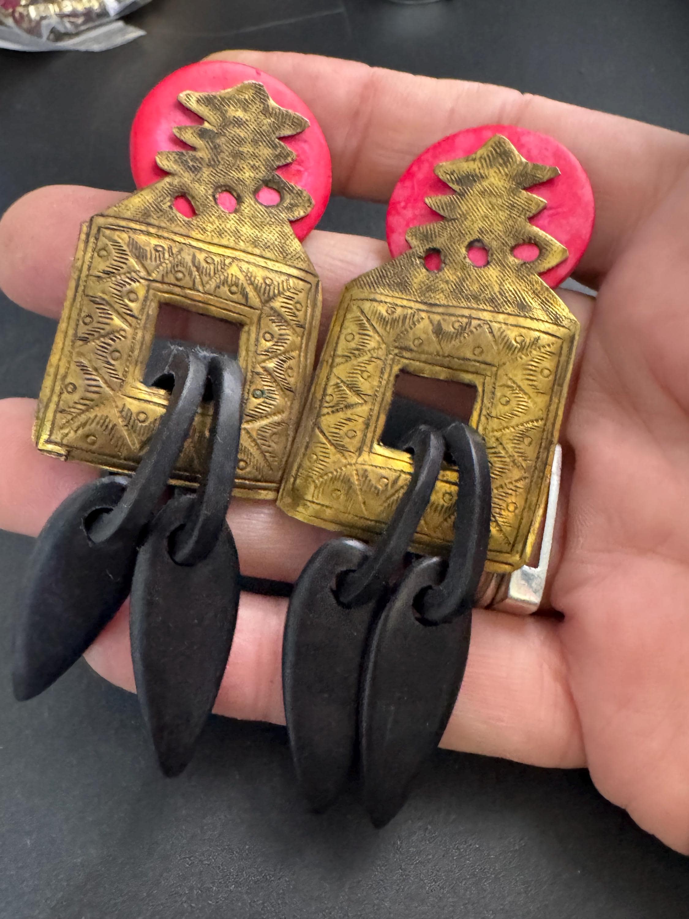 John Michelle Richardson Thai brass long drop earrings, designer 9cm vintage