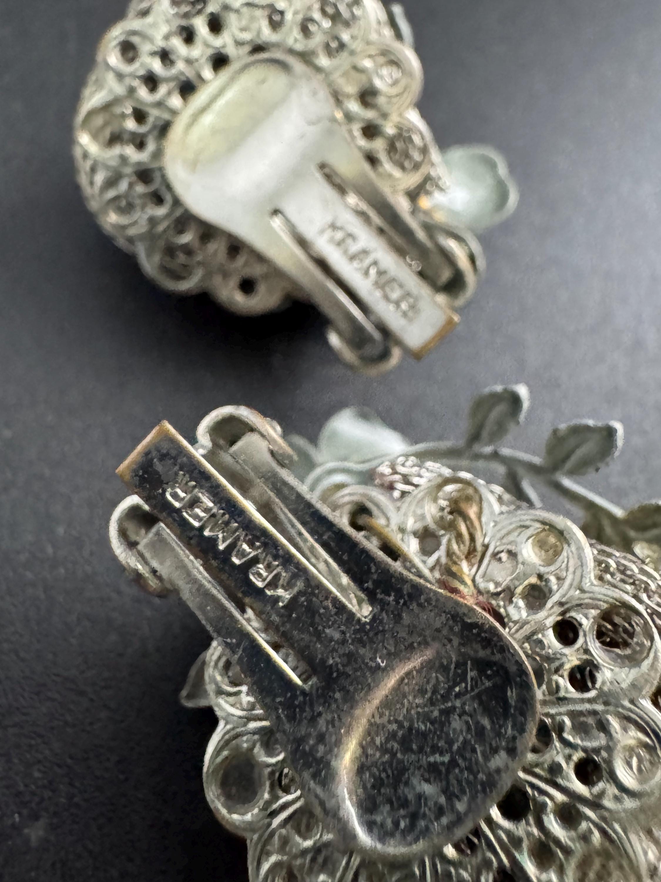 KRAMER duck egg blue rhinestone floral clip on earrings, Vintage silver tone