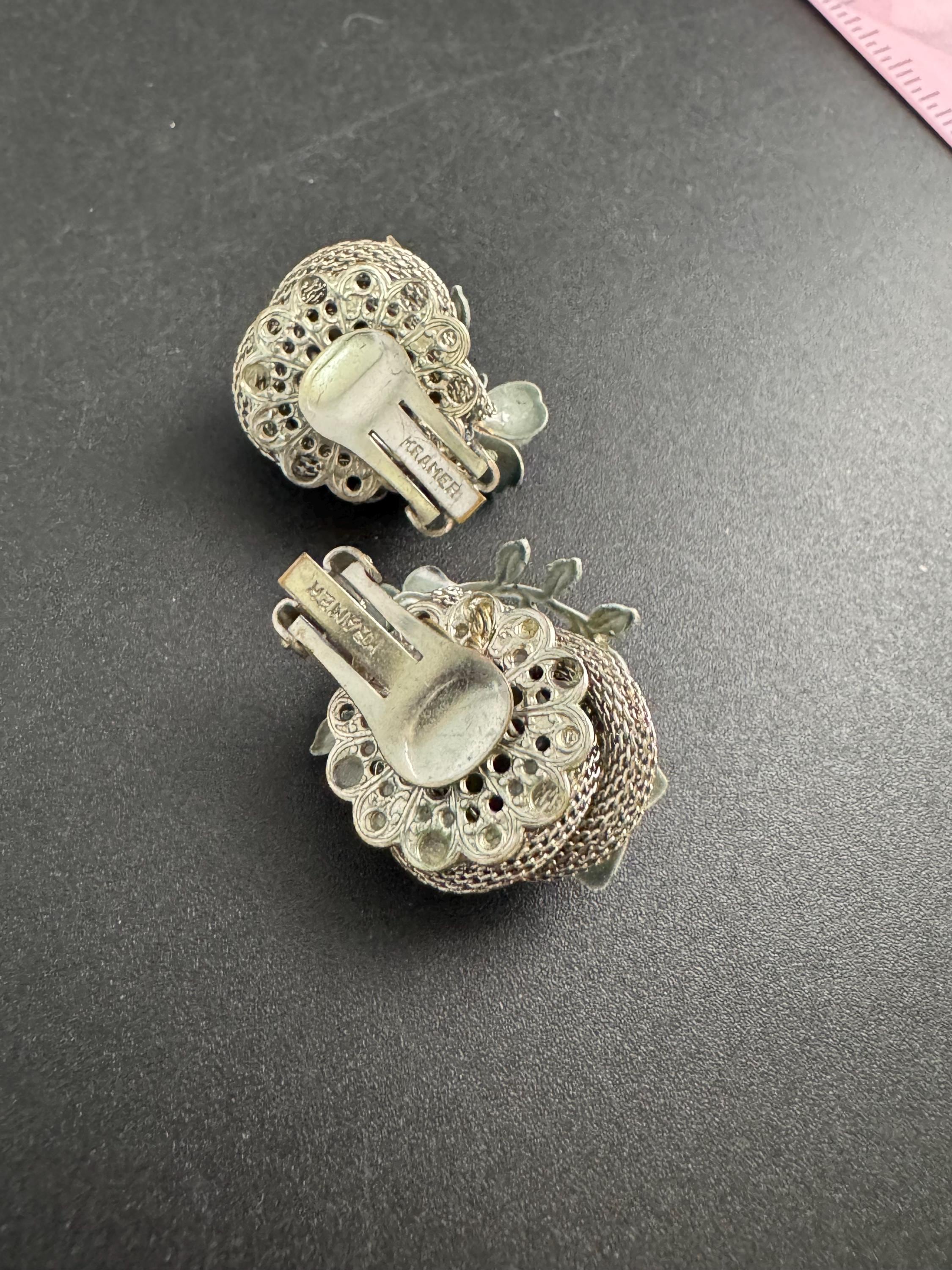 KRAMER duck egg blue rhinestone floral clip on earrings, Vintage silver tone