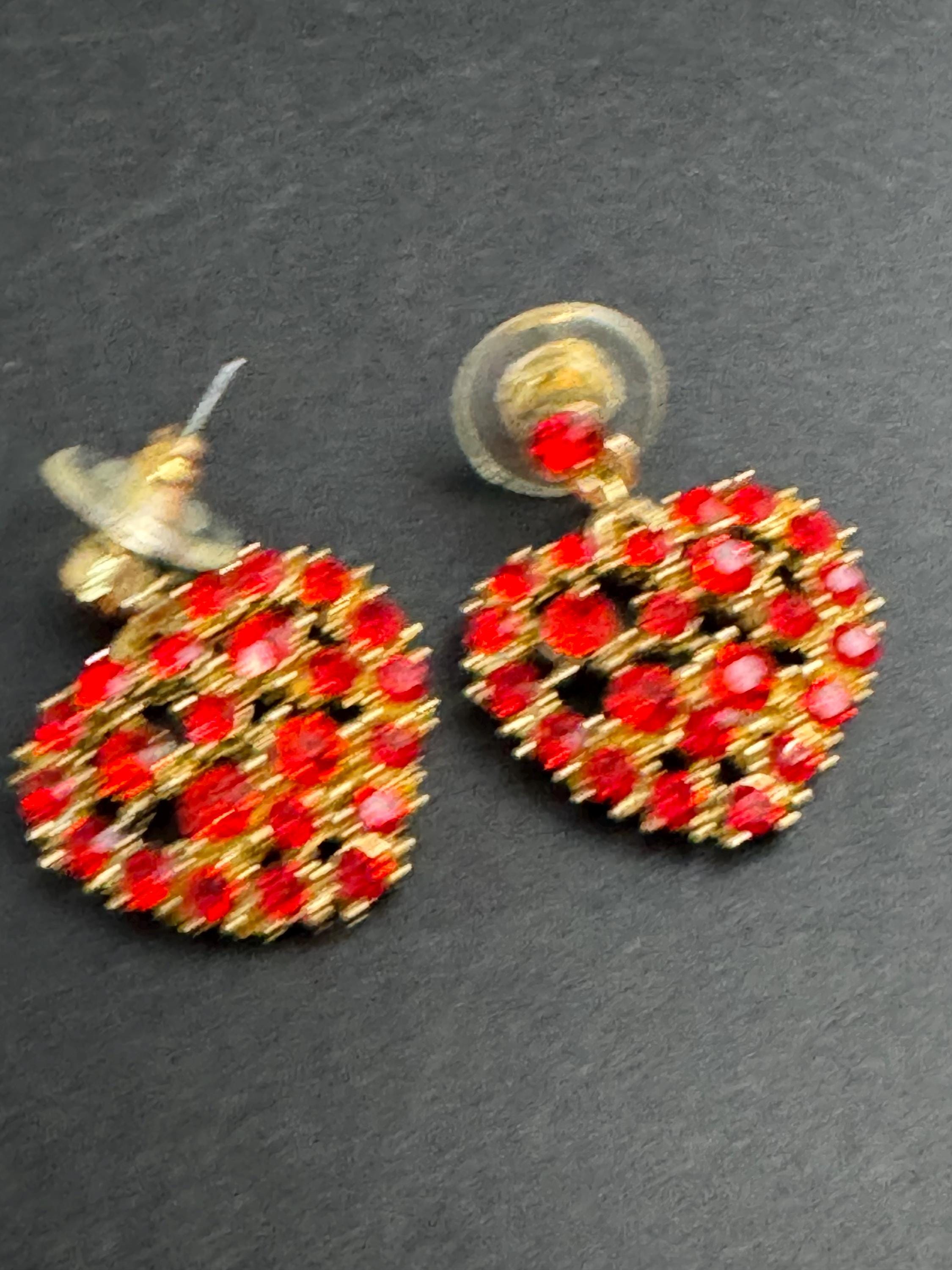 Retro Ruby red diamanté love heart drop earrings, signed pierced
