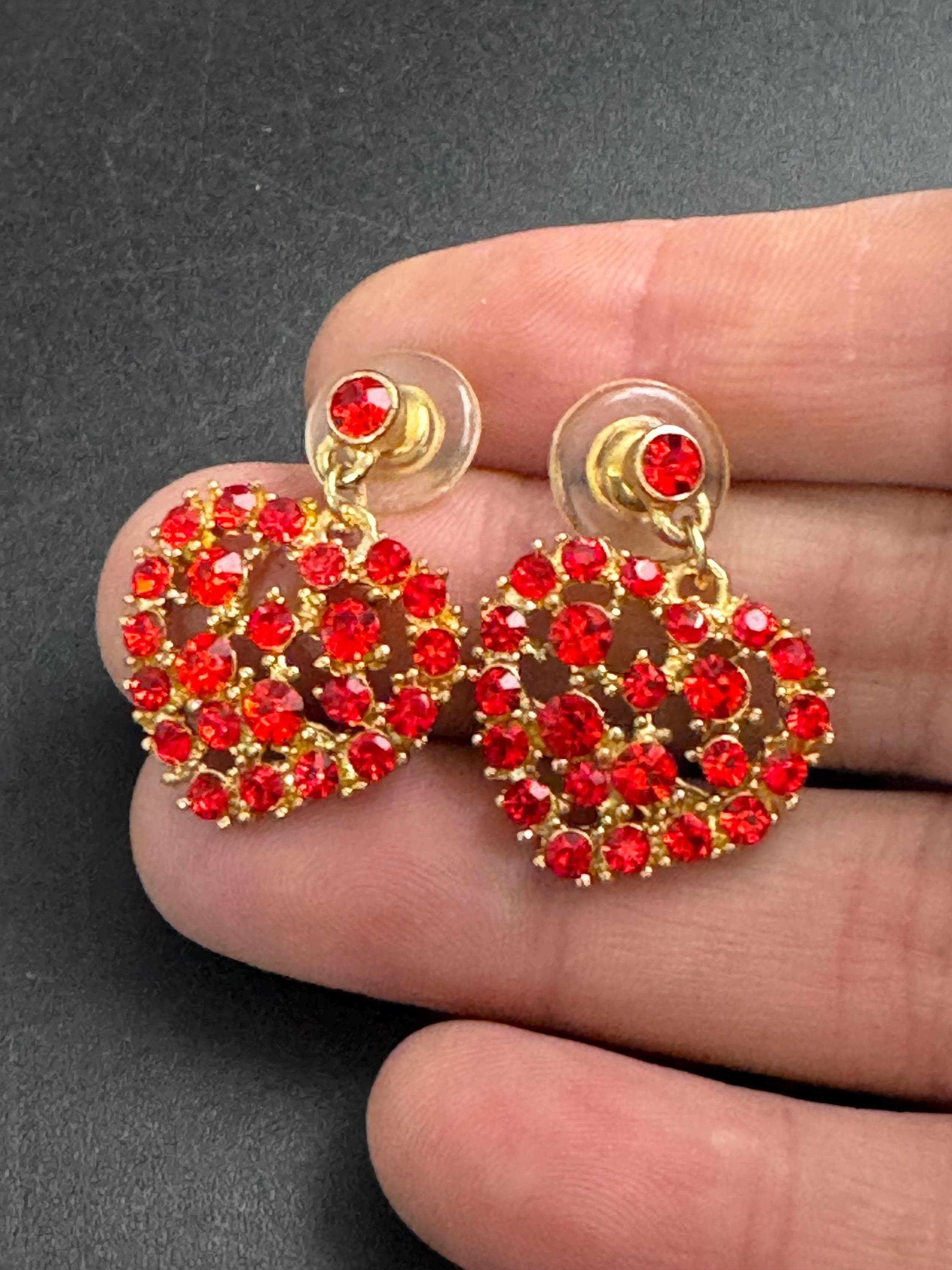 Retro Ruby red diamanté love heart drop earrings, signed pierced