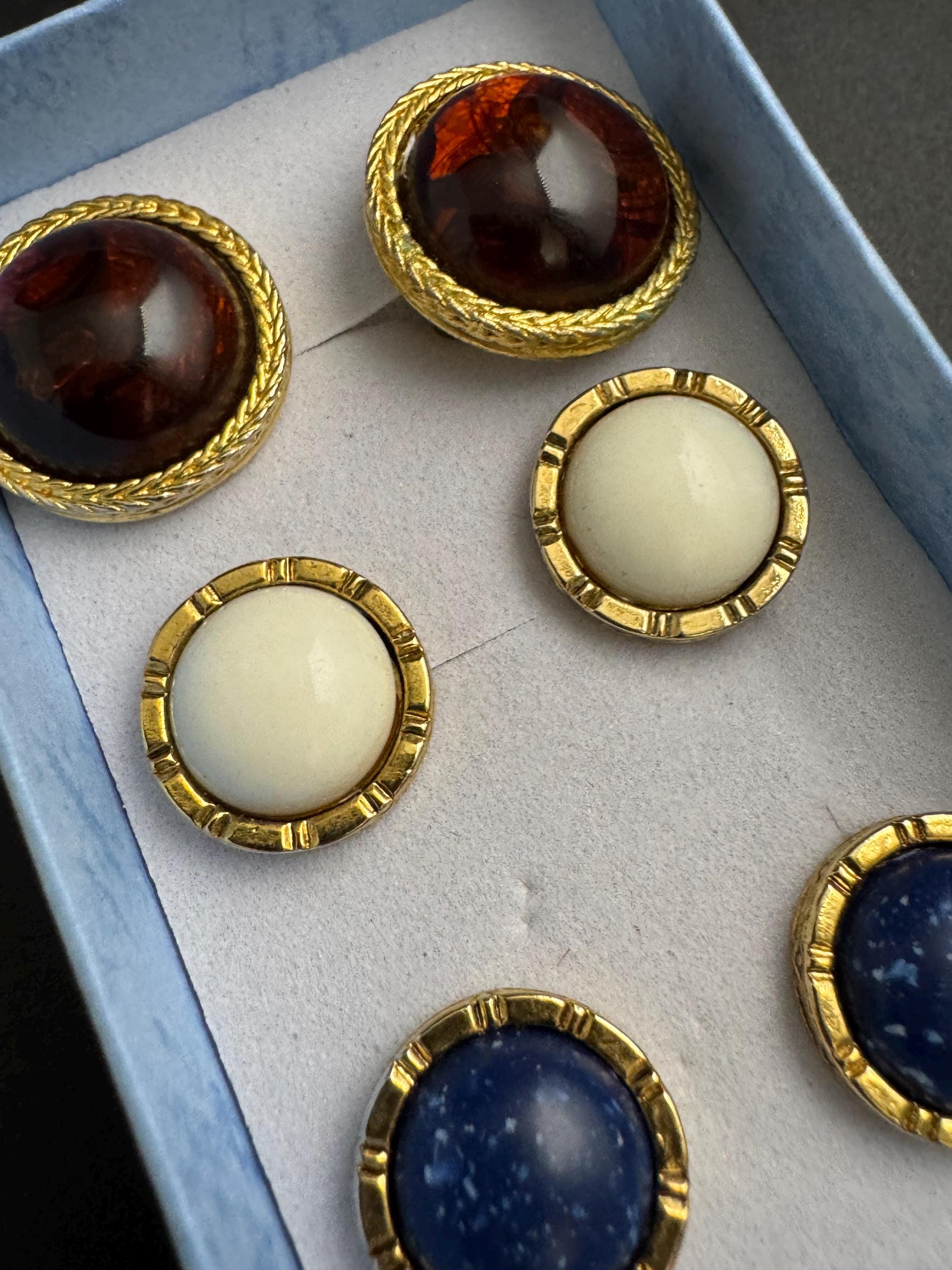 liz Claiborne set of 3 domed stud earrings, pierced brown cream blue