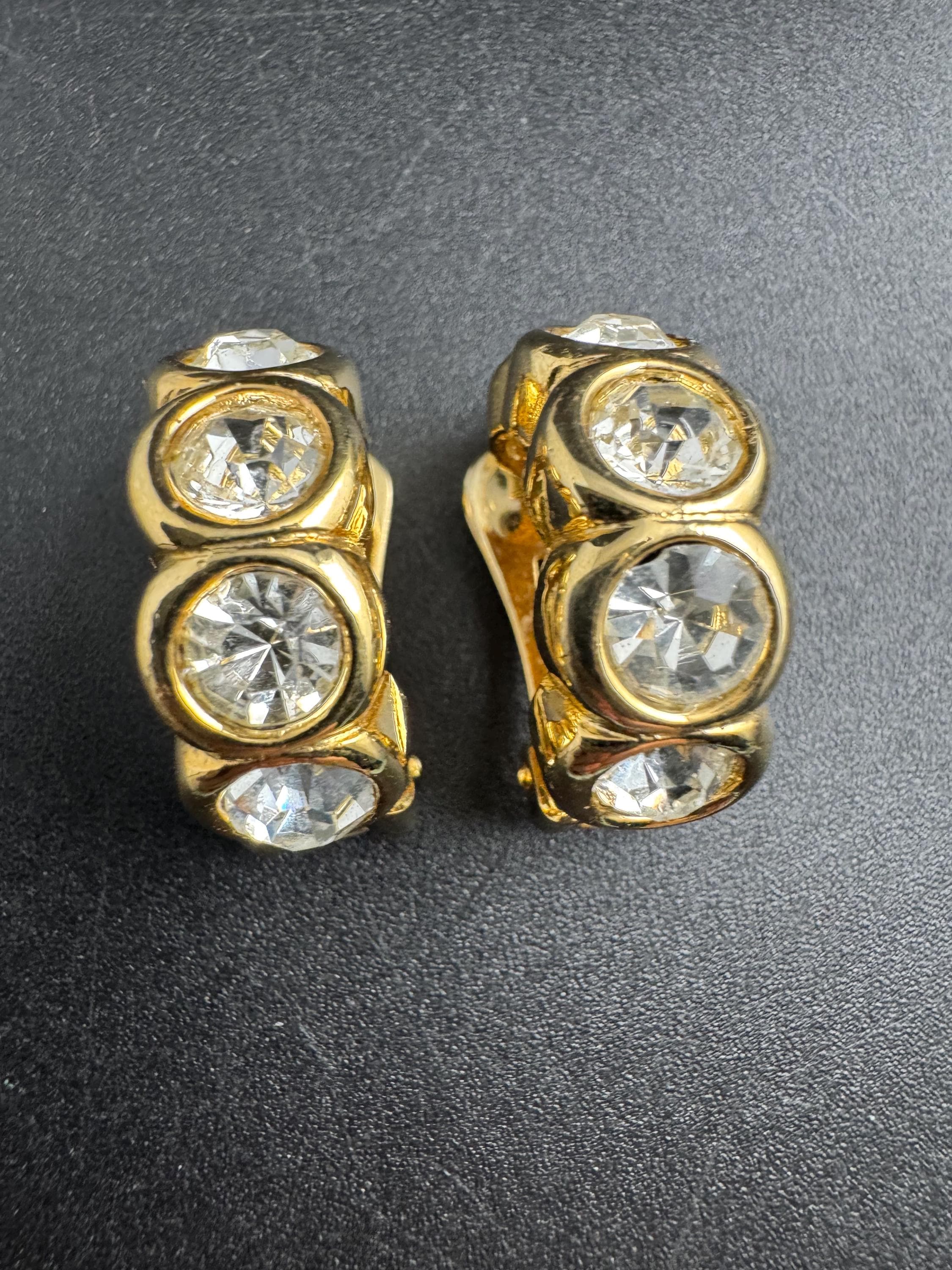 David Grau designer half hoop crystal earrings, pierced gold plated