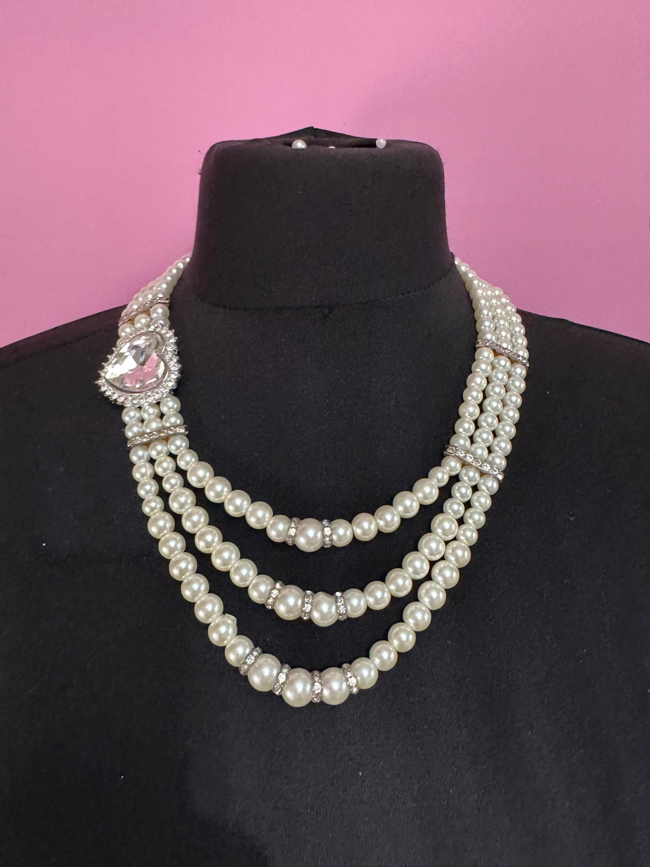 Vintage Triple Strand Pearl Choker Necklace: Diamante heart Clasp, Party Jewellery