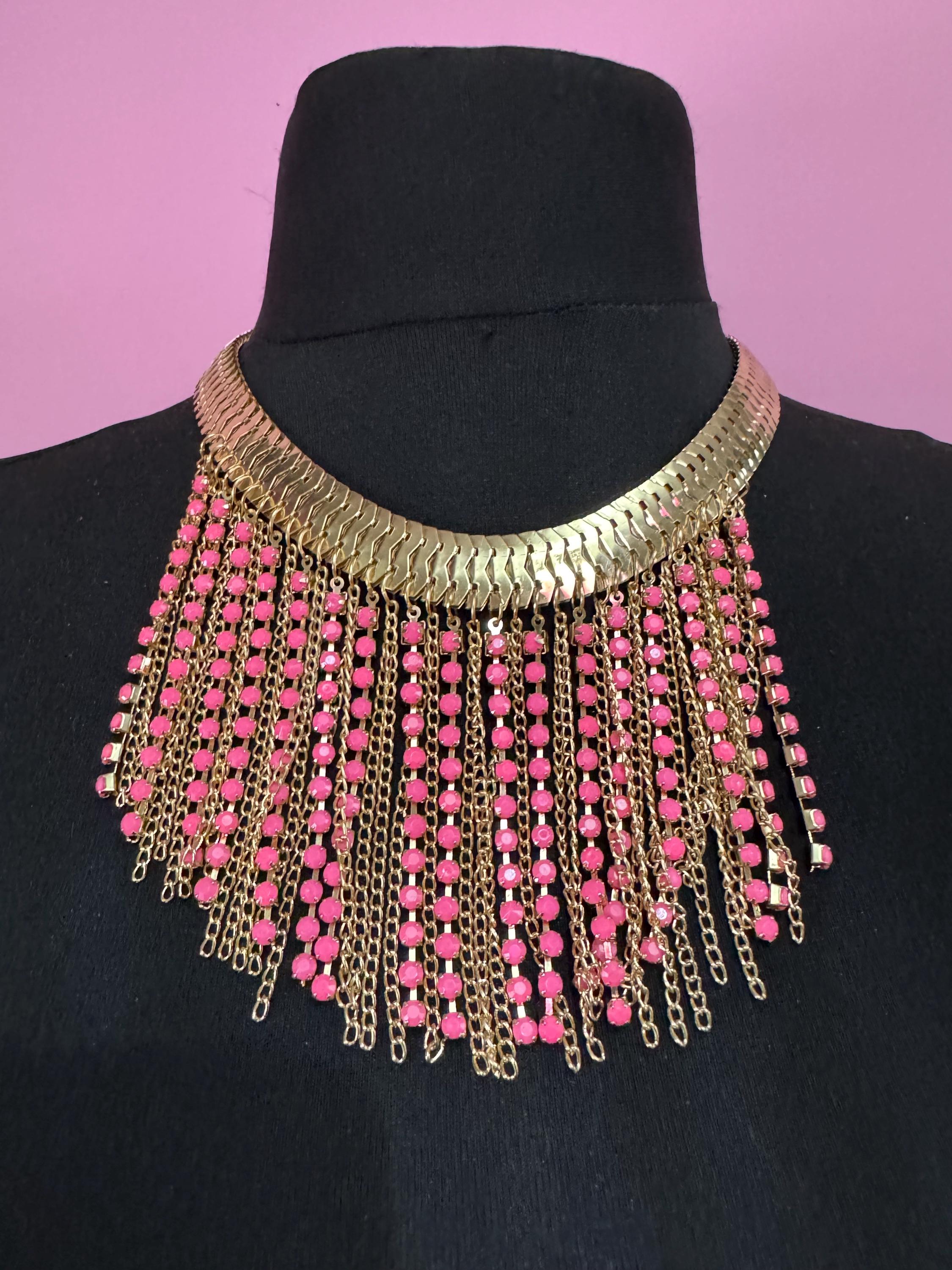 Bright pink diamanté bib necklace, retro gold tone