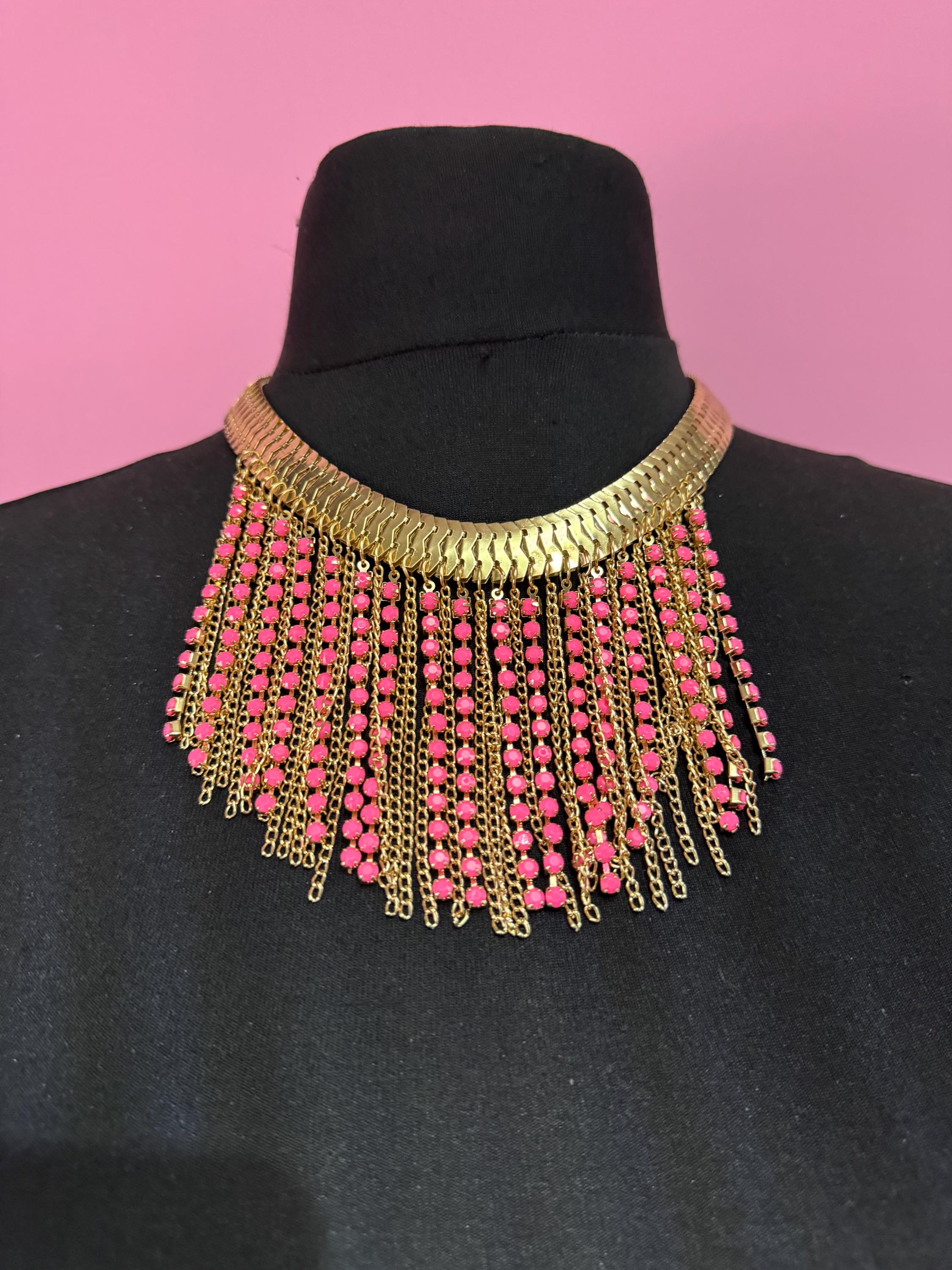 Bright pink diamanté bib necklace, retro gold tone