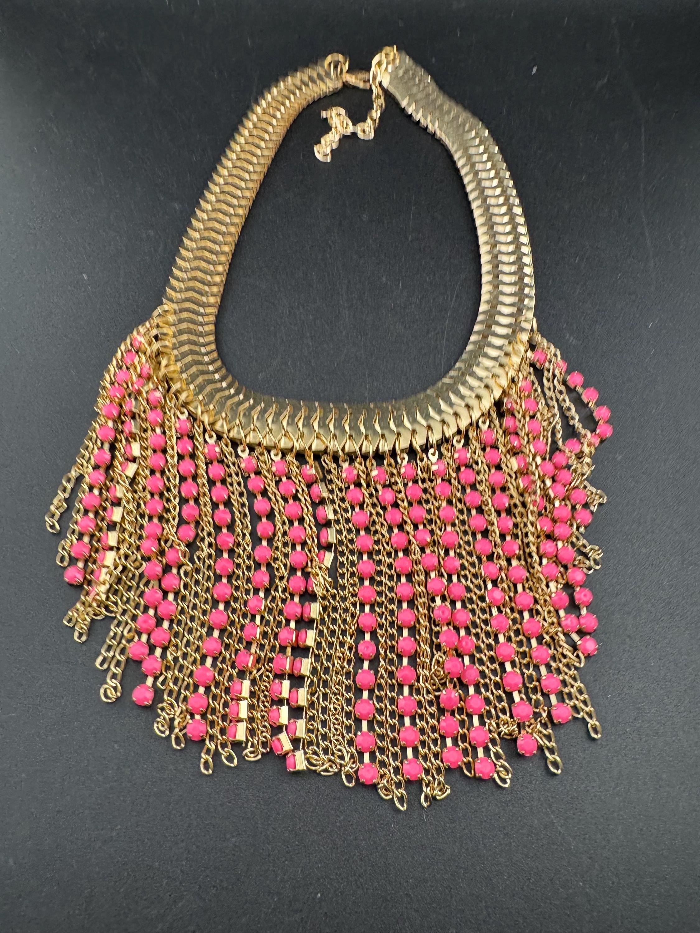 Bright pink diamanté bib necklace, retro gold tone