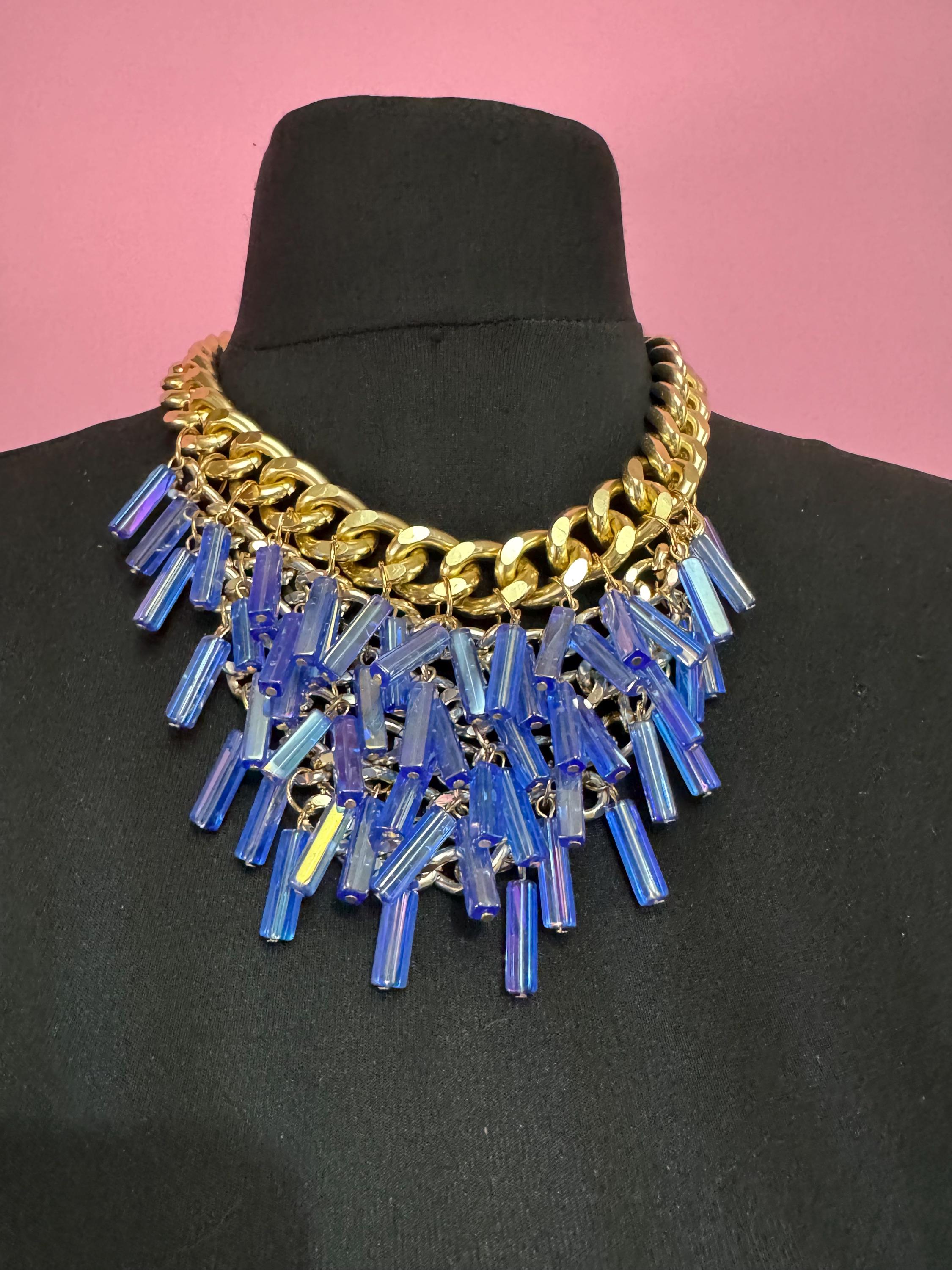 Oversized gold and blue glass beaded choker necklace, retro bib curb chain