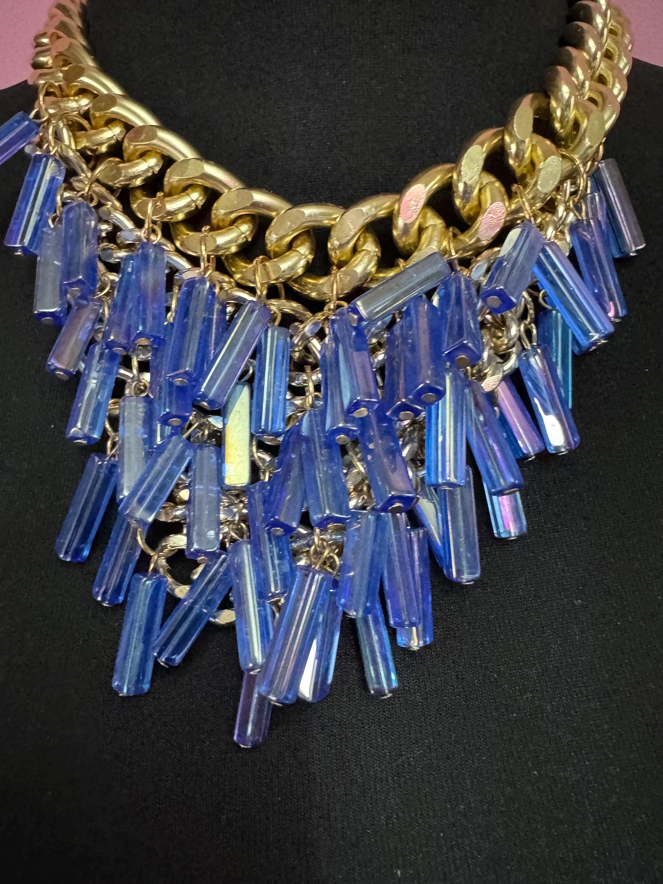 Oversized gold and blue glass beaded choker necklace, retro bib curb chain