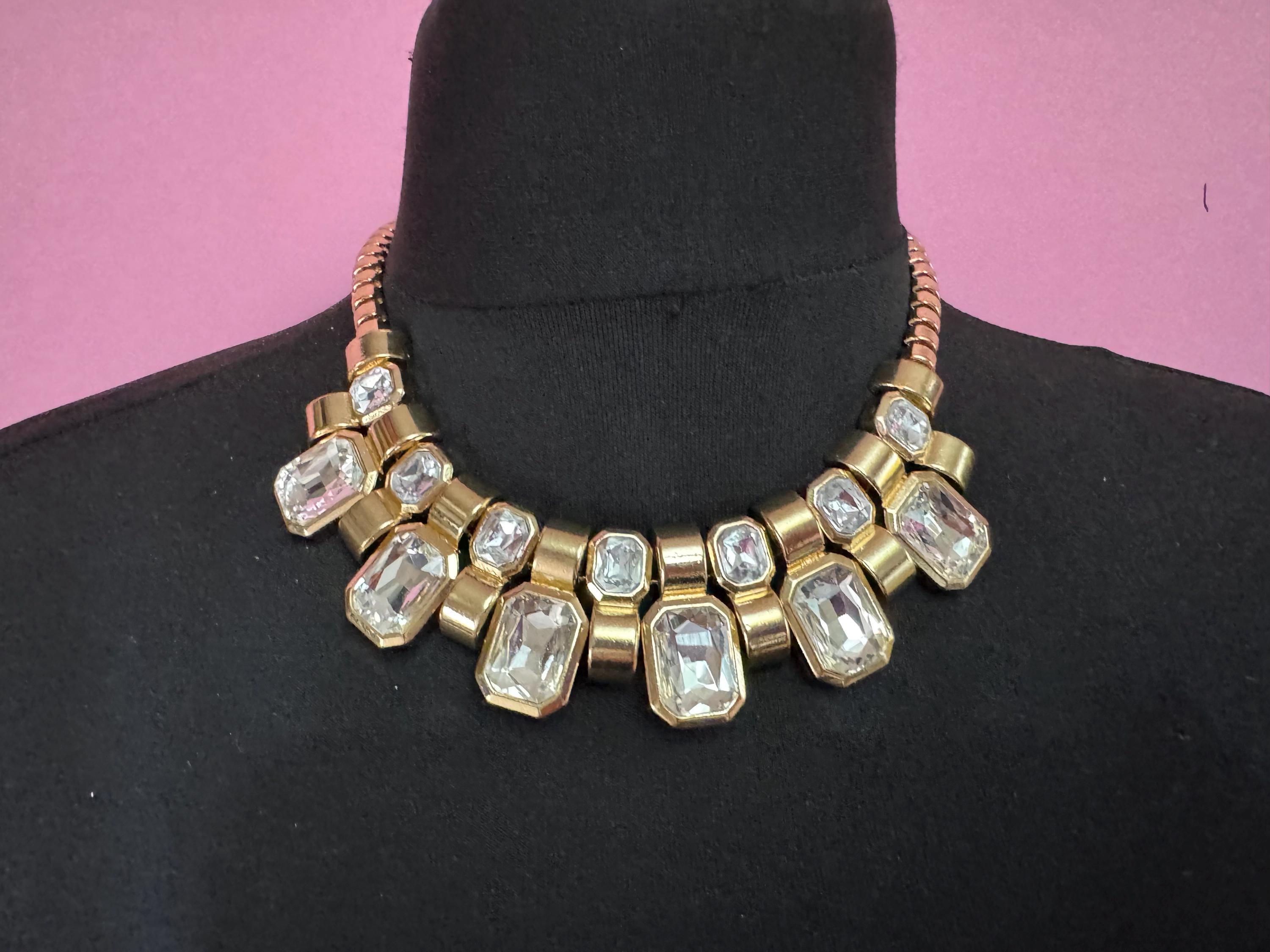 Vintage clear diamanté octagonal choker, rhinestone gold tone necklace