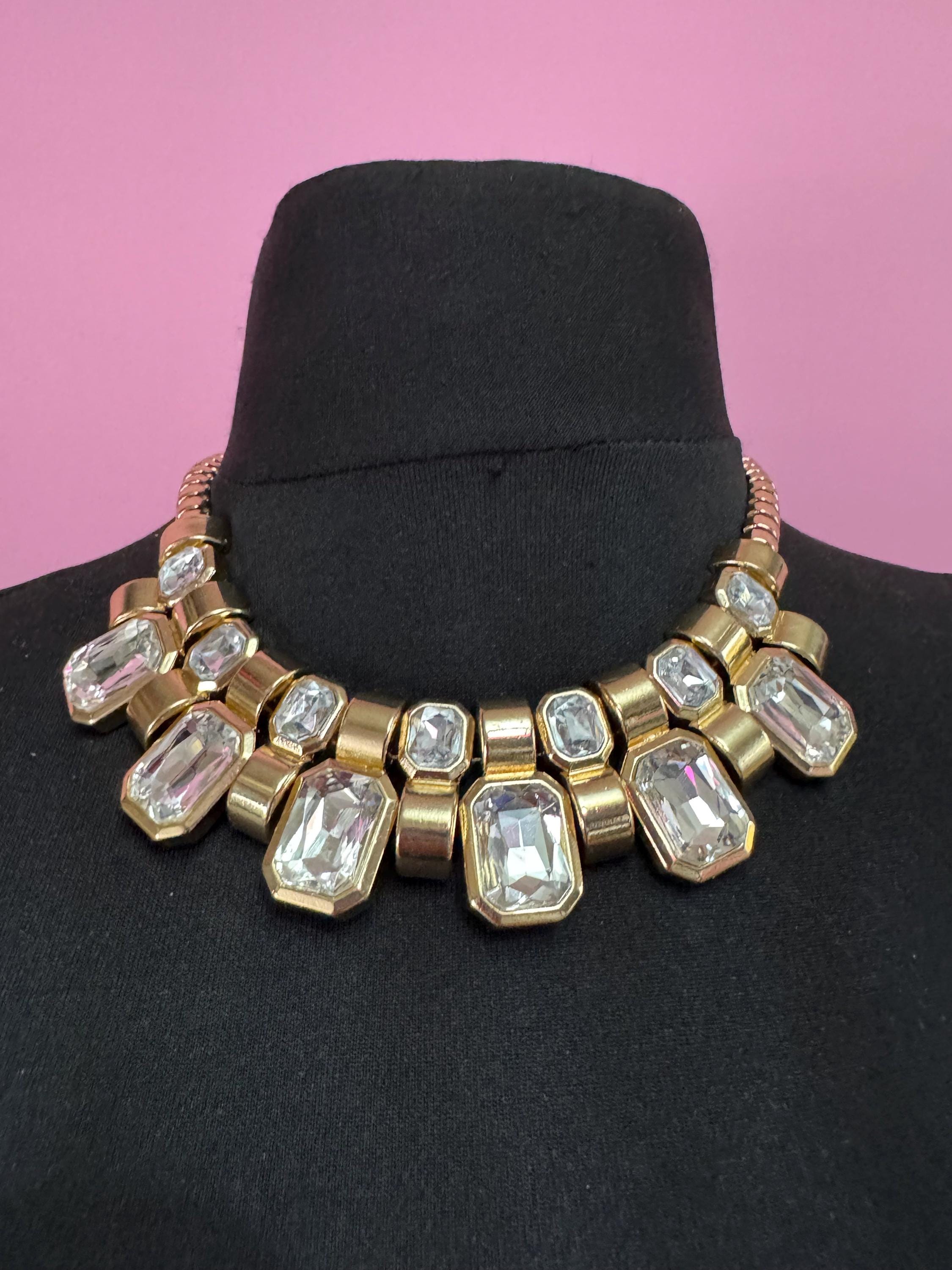 Vintage clear diamanté octagonal choker, rhinestone gold tone necklace