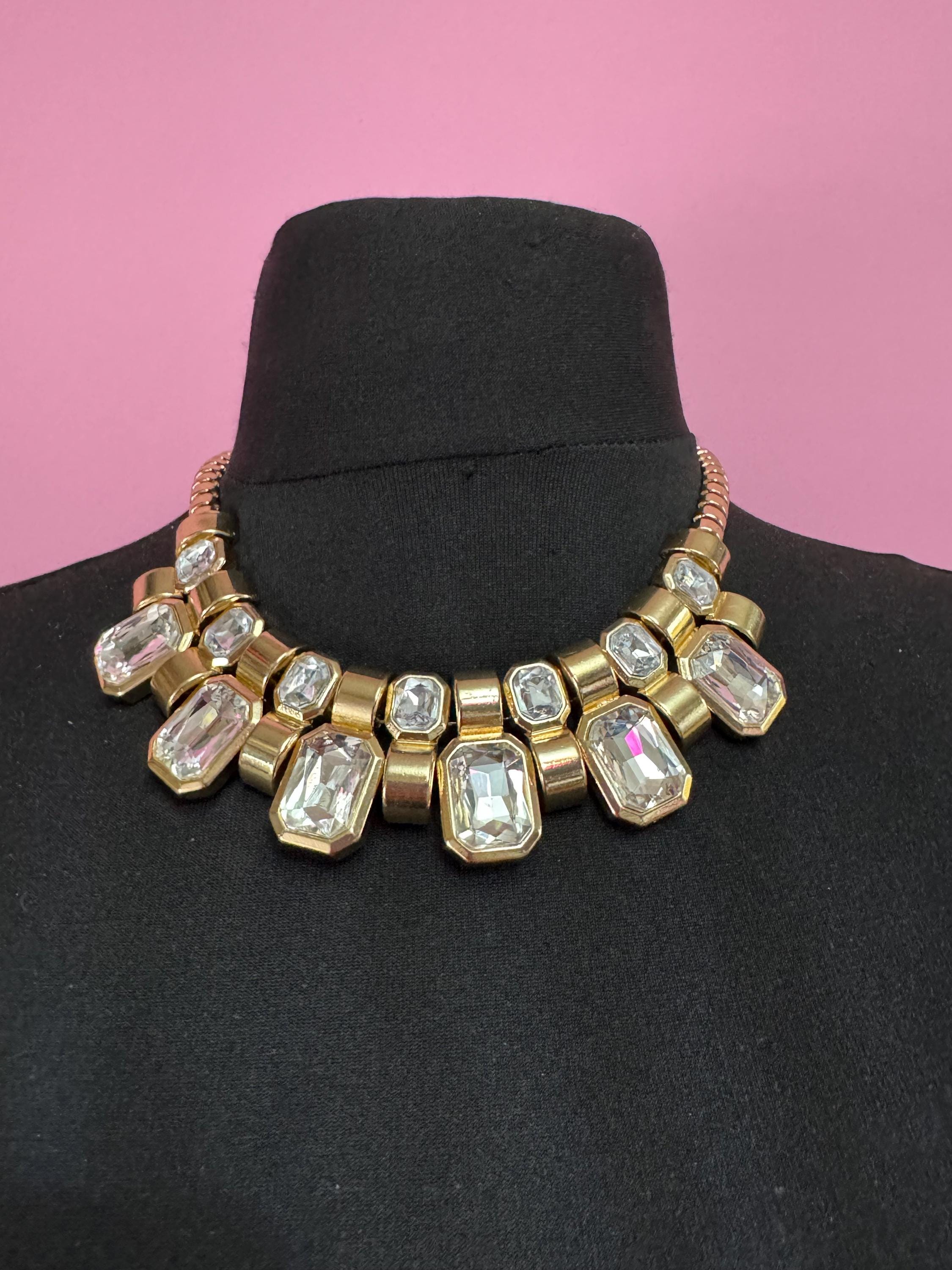Vintage clear diamanté octagonal choker, rhinestone gold tone necklace