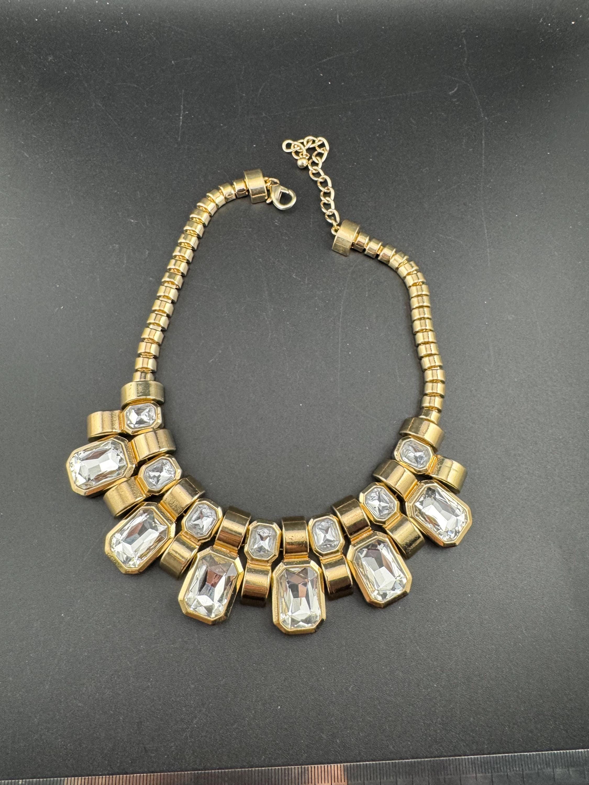 Vintage clear diamanté octagonal choker, rhinestone gold tone necklace