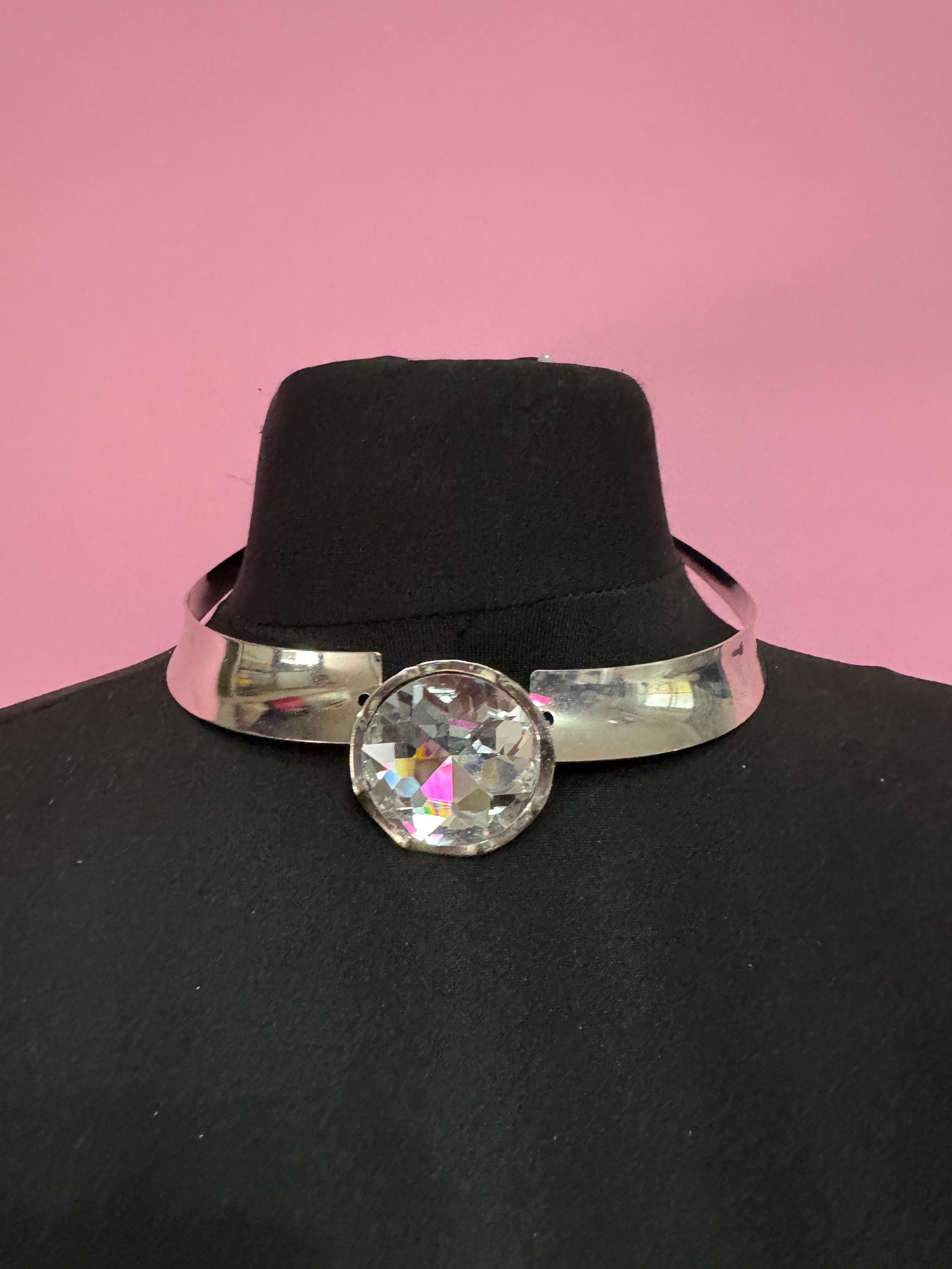 Retro clear Diamanté panel link metal choker, silver tone chunky necklace