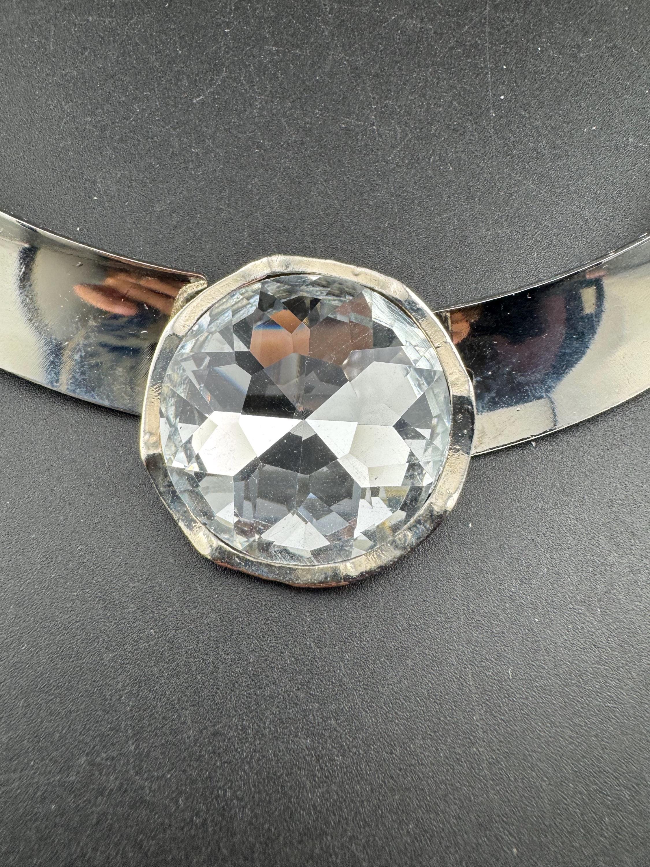 Retro clear Diamanté panel link metal choker, silver tone chunky necklace