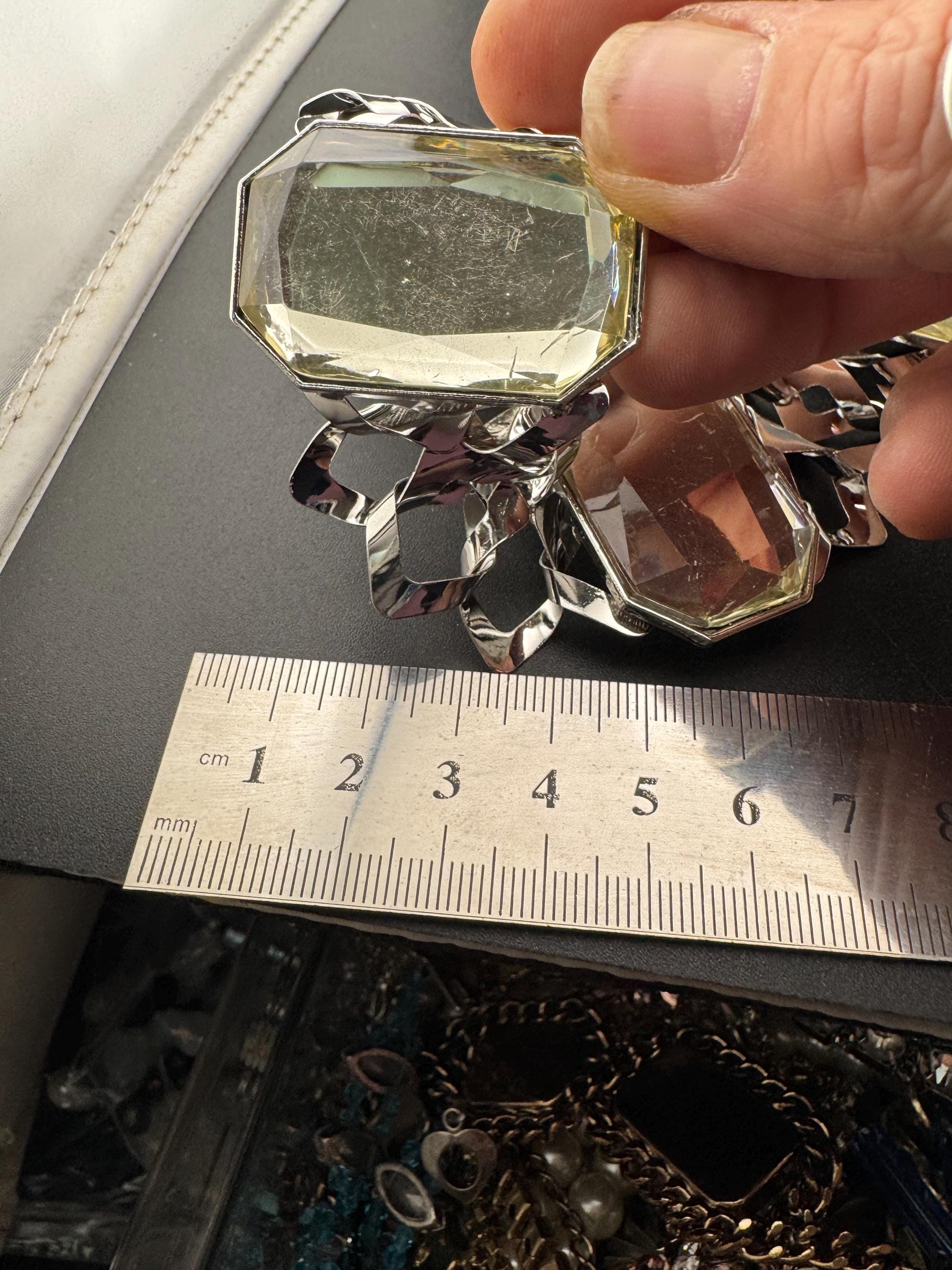 Retro lemon yellow Diamanté panel link metal choker, silver tone chunky necklace