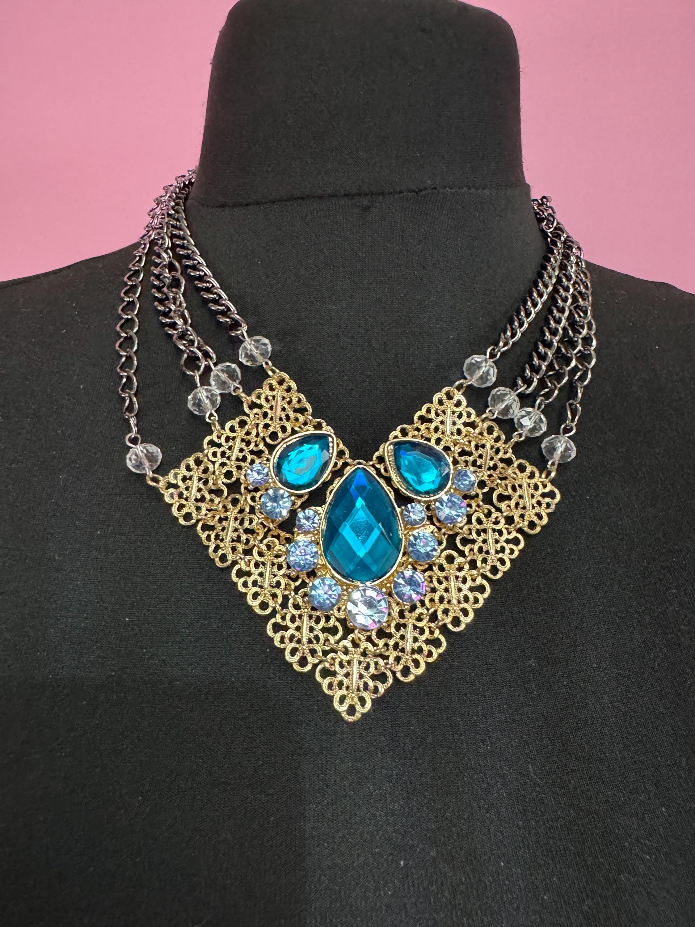 Retro turquoise blue Diamanté panel link metal choker, silver and gold tone chunky necklace