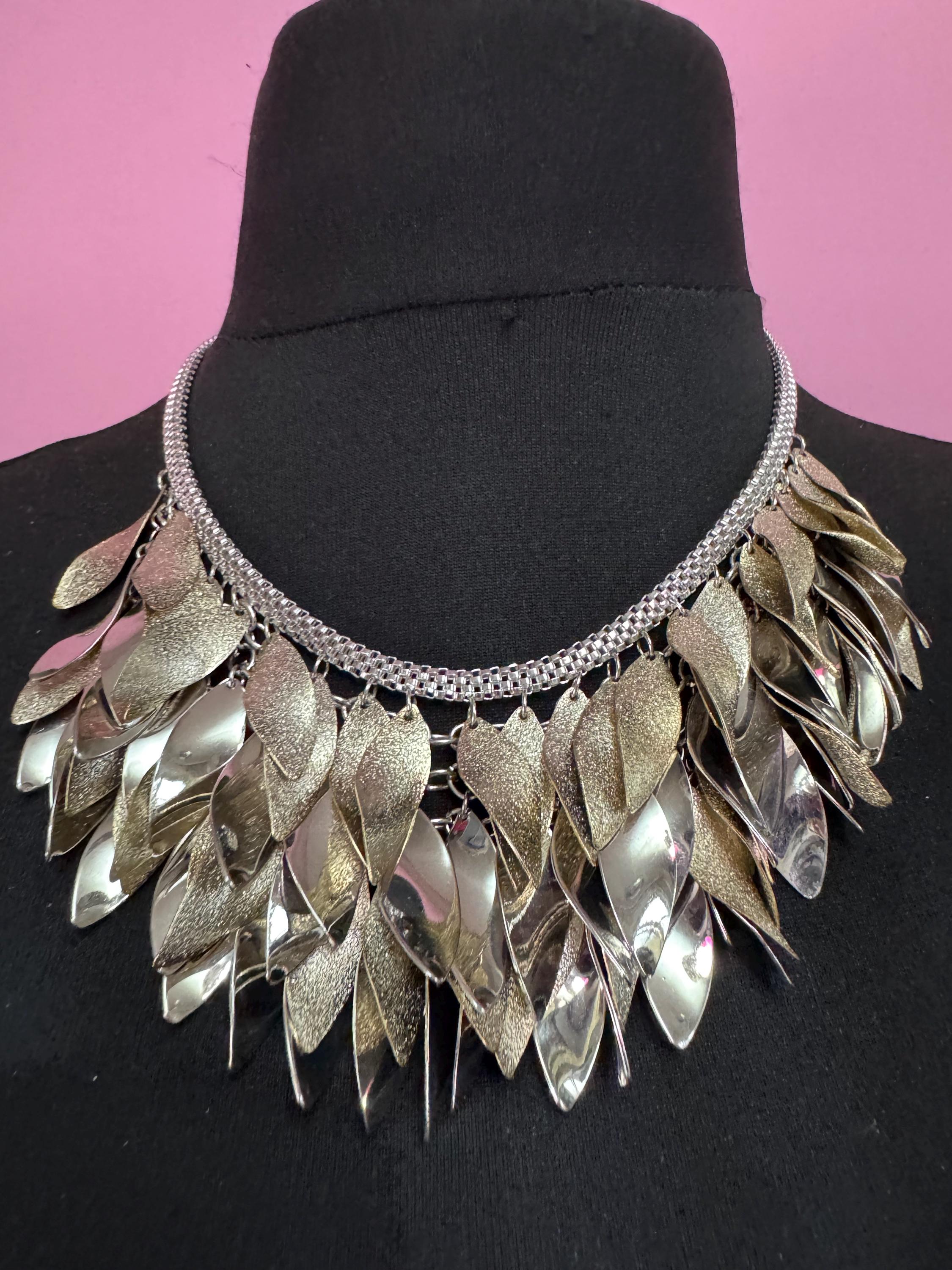Retro silver tone choker necklace and matching bracelets leaf dangly jewellery set