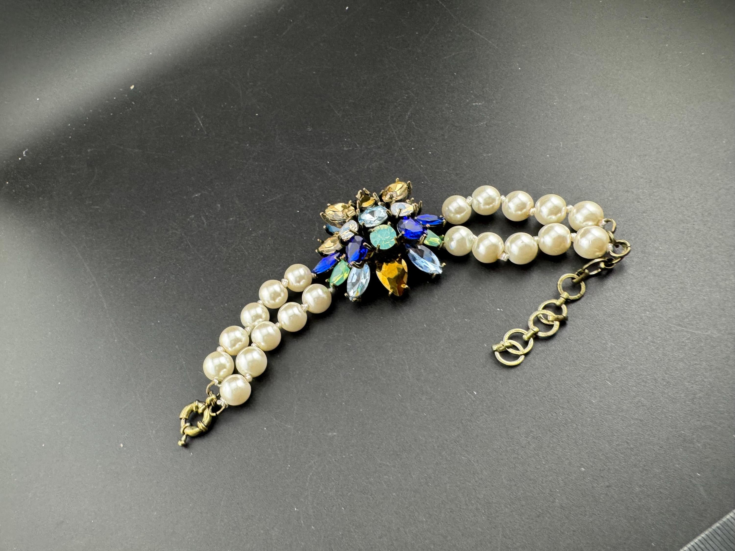 silver chunky faux Pearl beaded diamanté bracelet retro