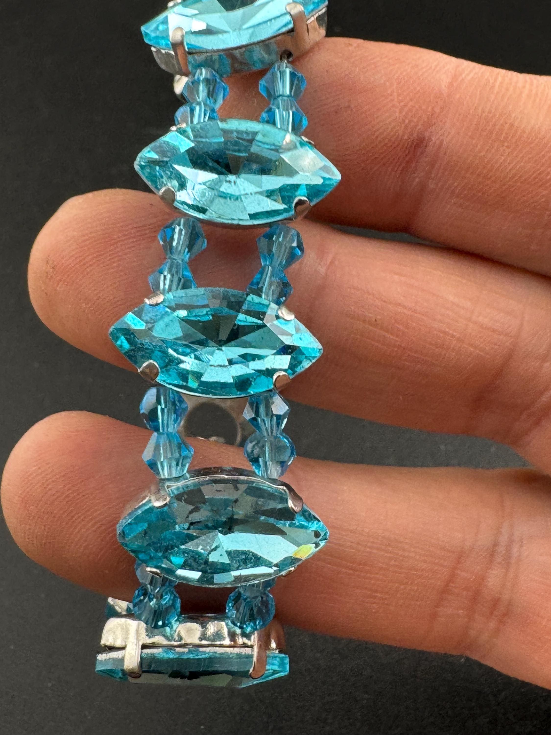 turquoise blue paste diamanté tennis bracelet, silver tone toggle