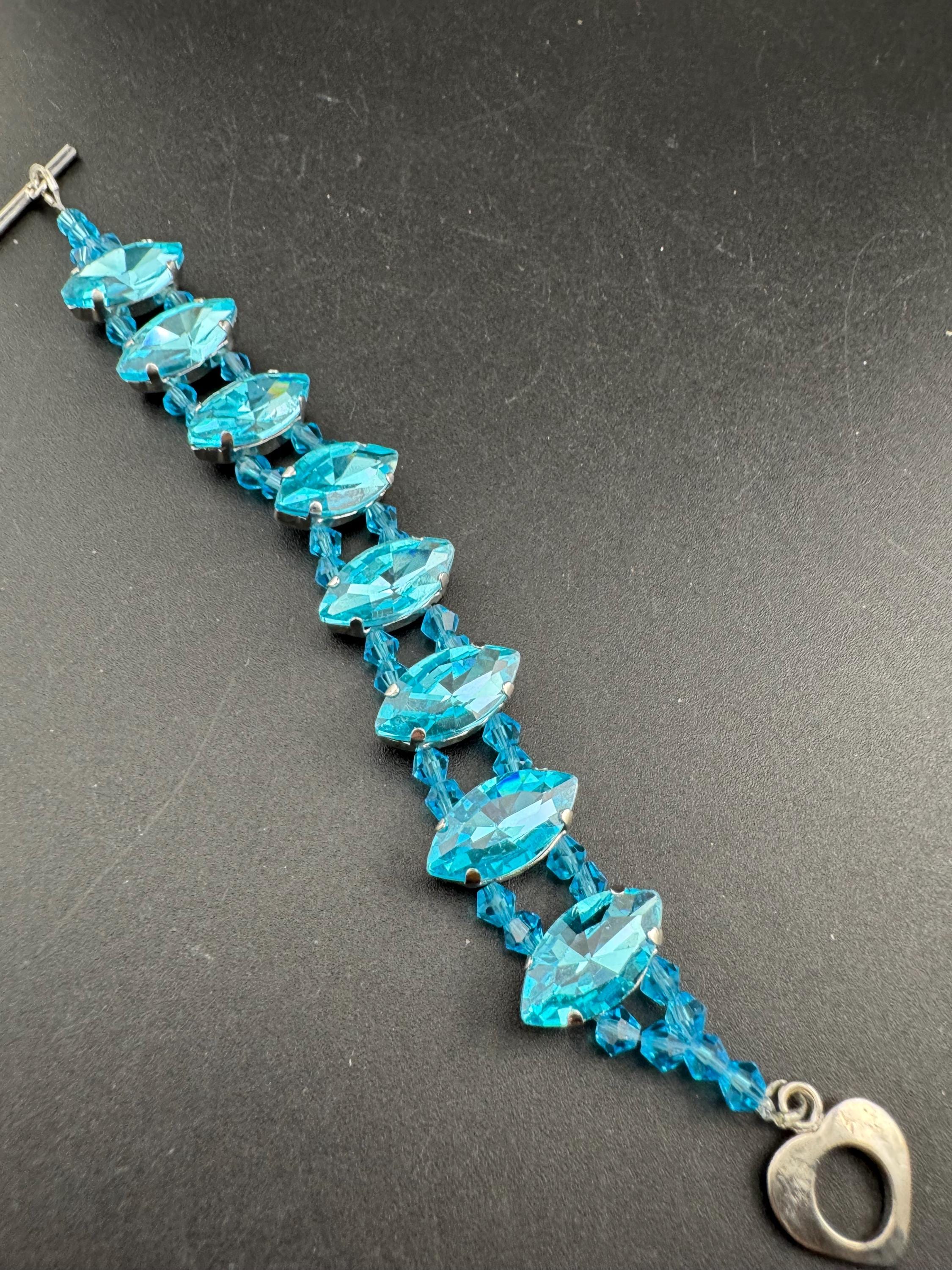 turquoise blue paste diamanté tennis bracelet, silver tone toggle