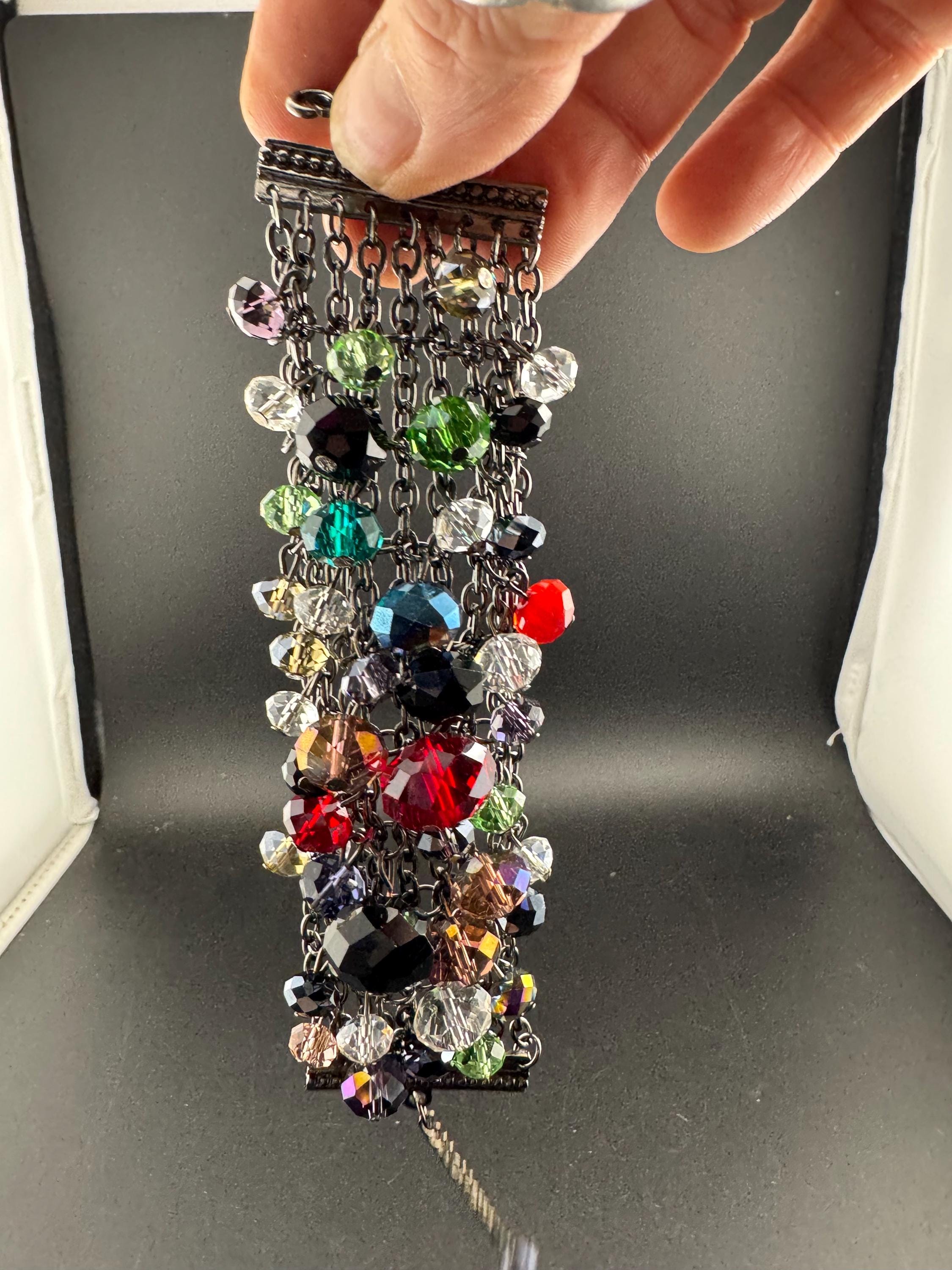 Faceted Crystal ball Beaded mesh Bracelet: dark grey tone coloured beads