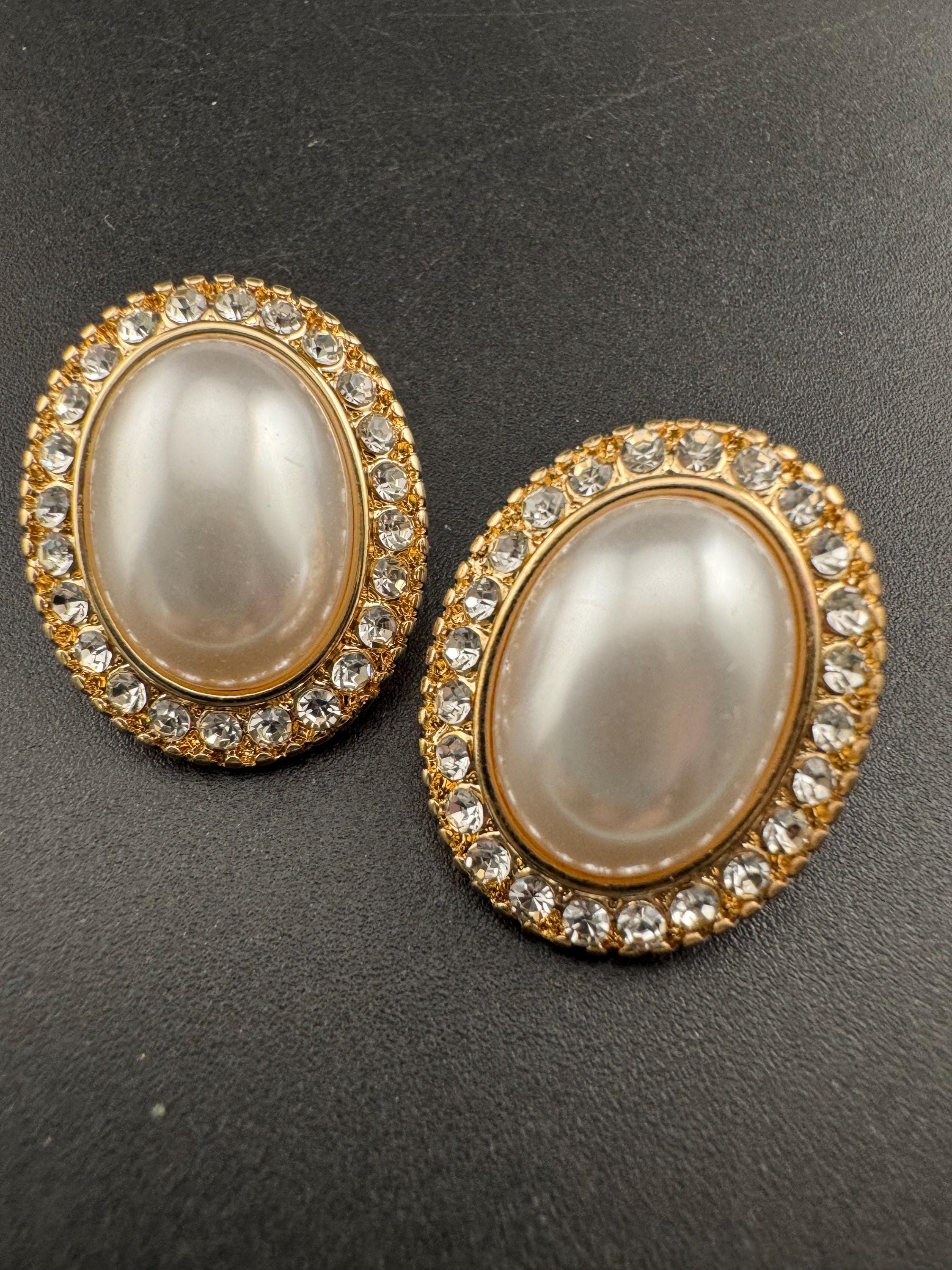 Classic Crystal and pearl oval stud earrings for pierced ears, 2.5cm y2K