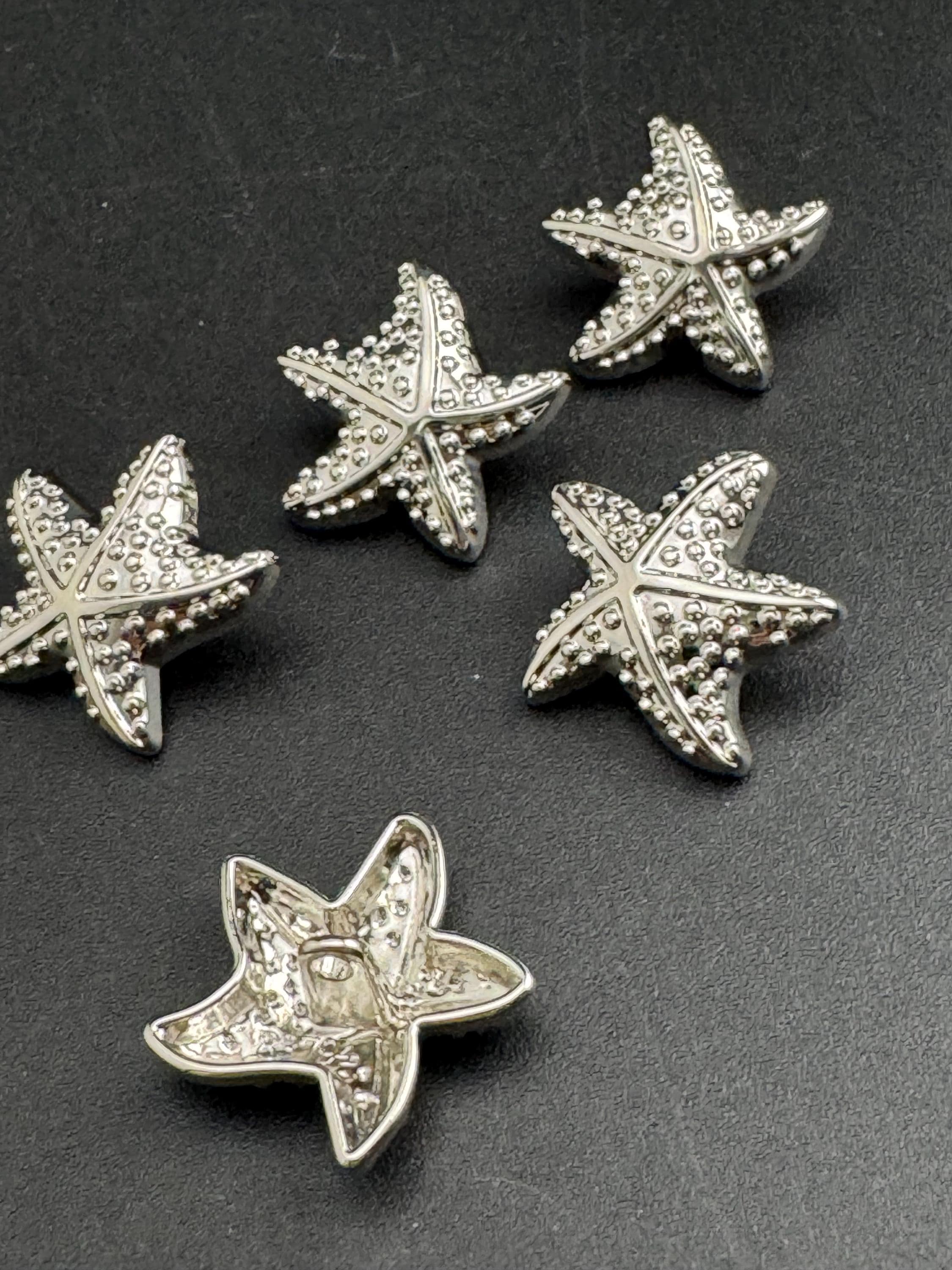 Pack 5 23mm silver starfish buttons, metal shank nautical
