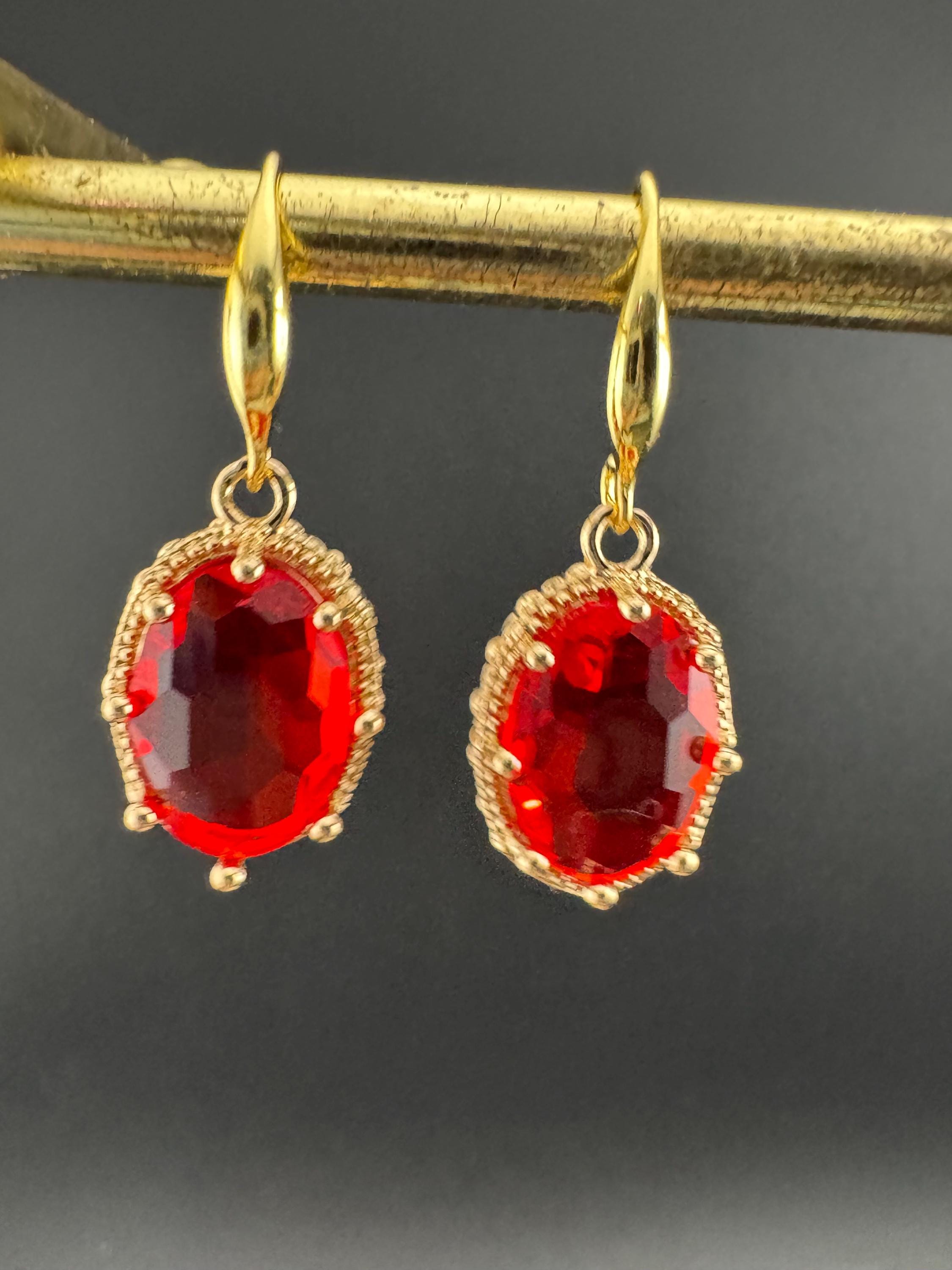 18k GP Ruby red crystal diamanté drop earrings